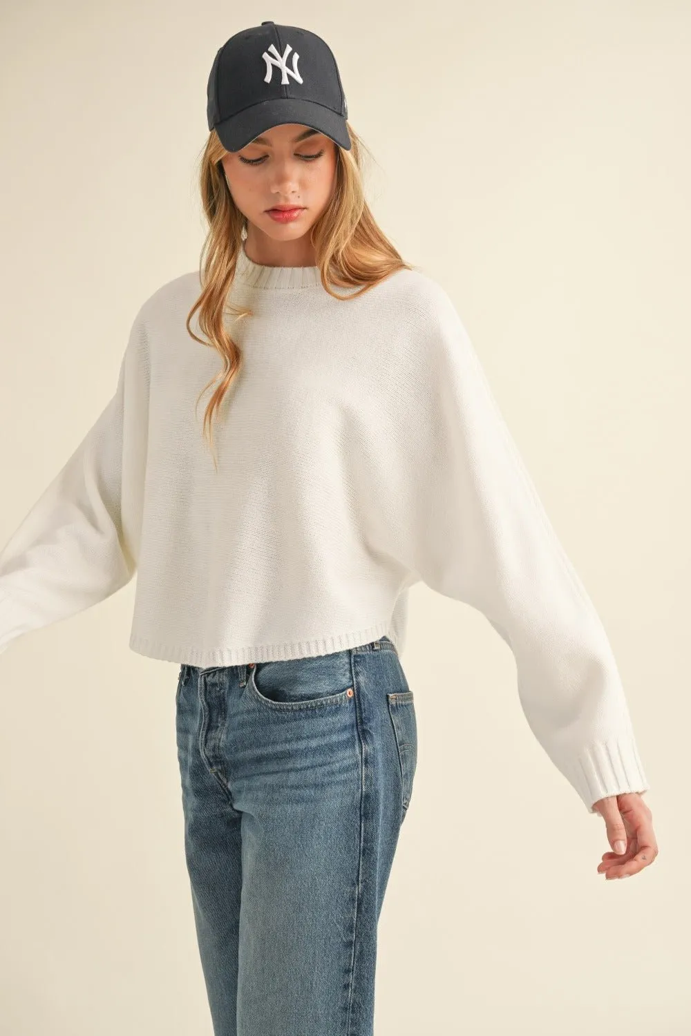 Crew Neck Dolman Sleeve Cropped Sweater in Off White