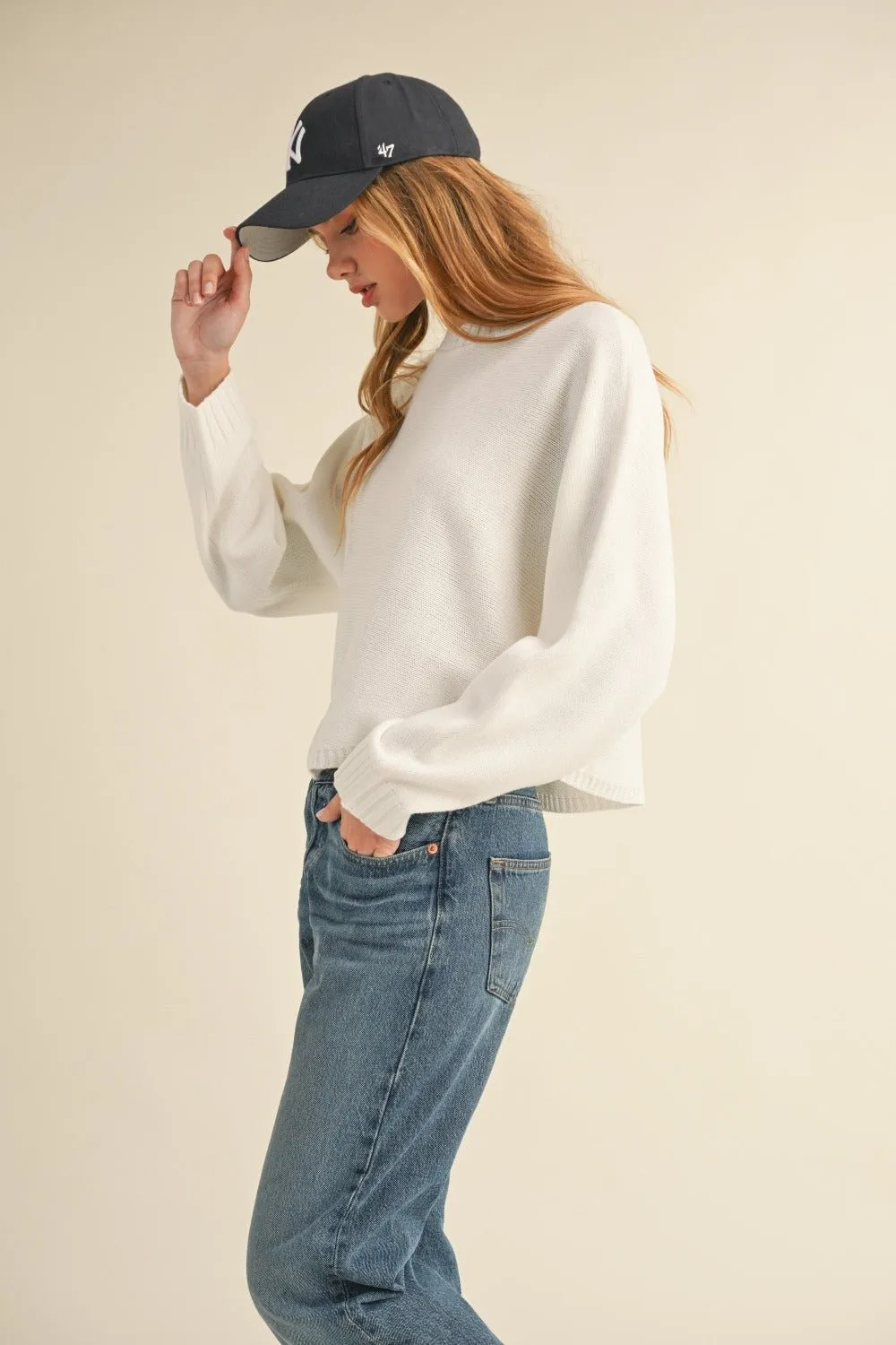 Crew Neck Dolman Sleeve Cropped Sweater in Off White