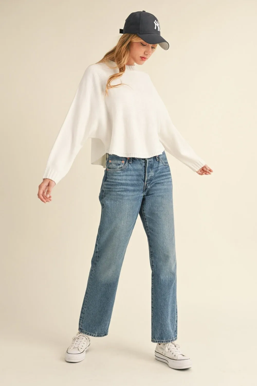 Crew Neck Dolman Sleeve Cropped Sweater in Off White