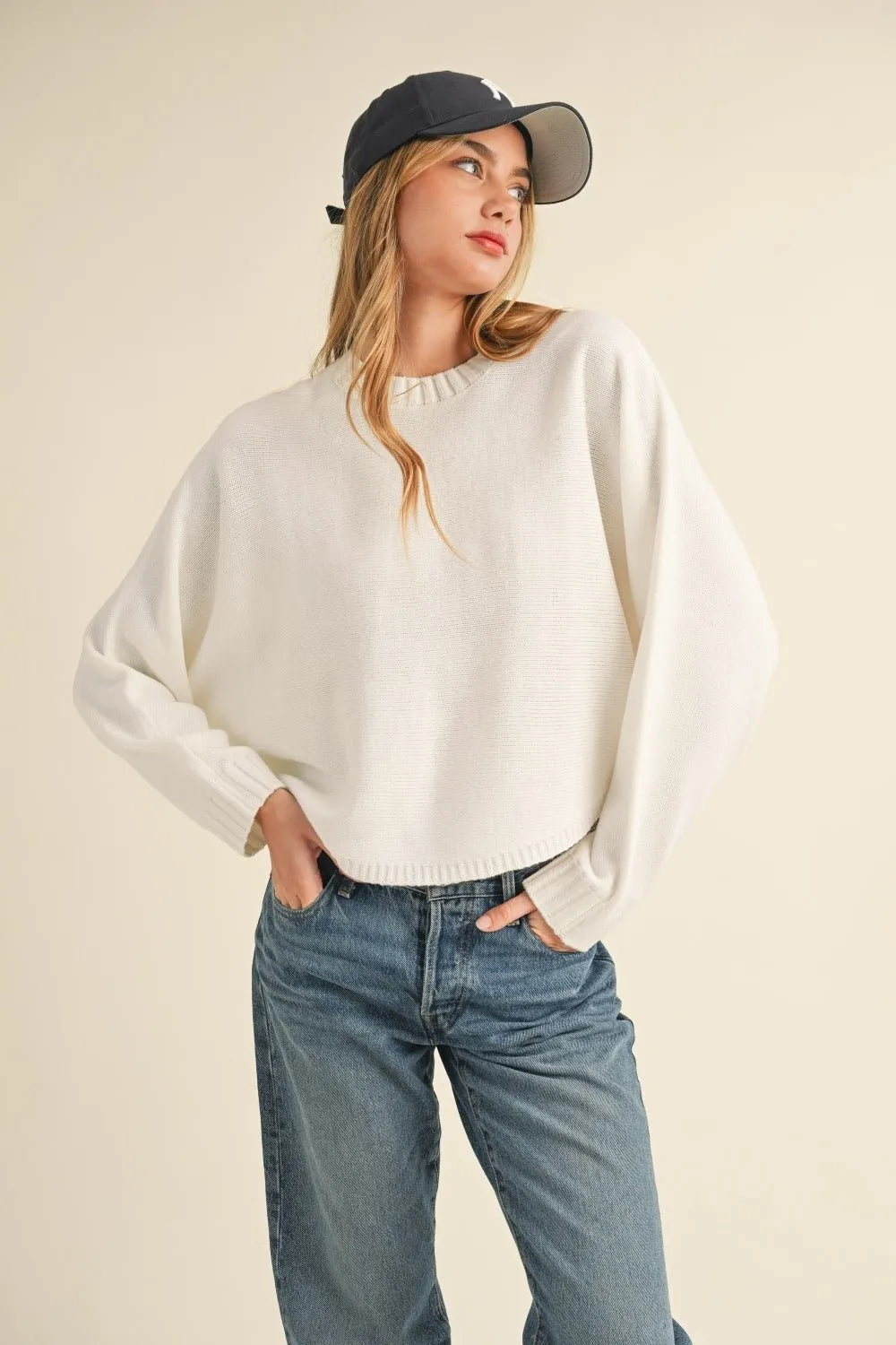 Crew Neck Dolman Sleeve Cropped Sweater in Off White