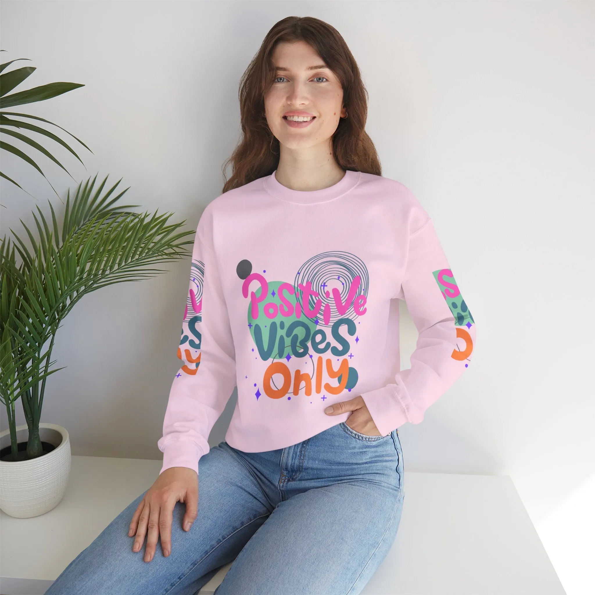 Crewneck Sweatshirt Abstract Geometric Positive Vibes Only Colorful Minimalist Design