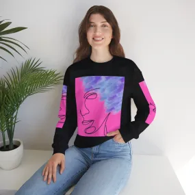 Crewneck Sweatshirt - Abstract Line Art Face Design. Watercolor Purple Splashes for Kinky Hair