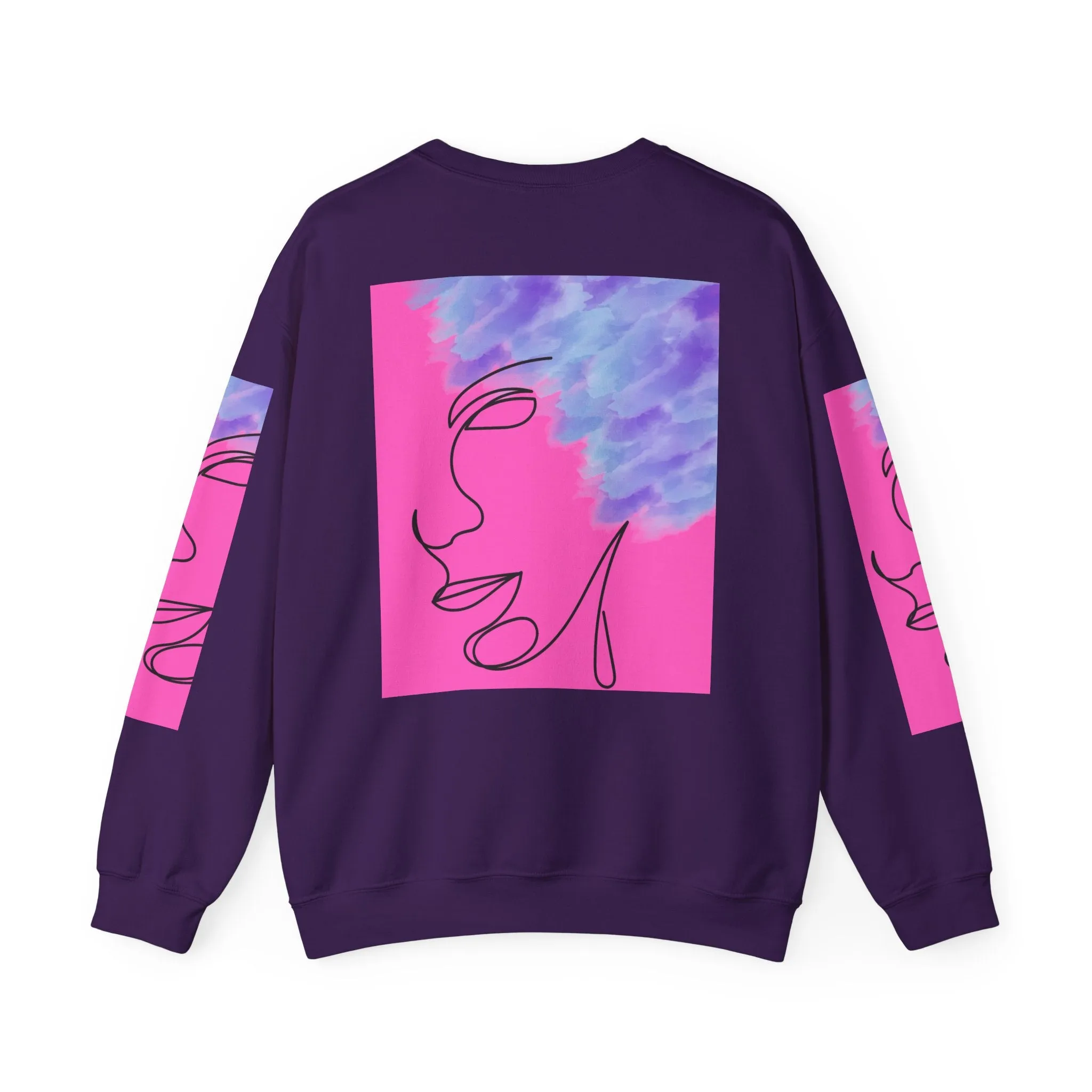 Crewneck Sweatshirt - Abstract Line Art Face Design. Watercolor Purple Splashes for Kinky Hair