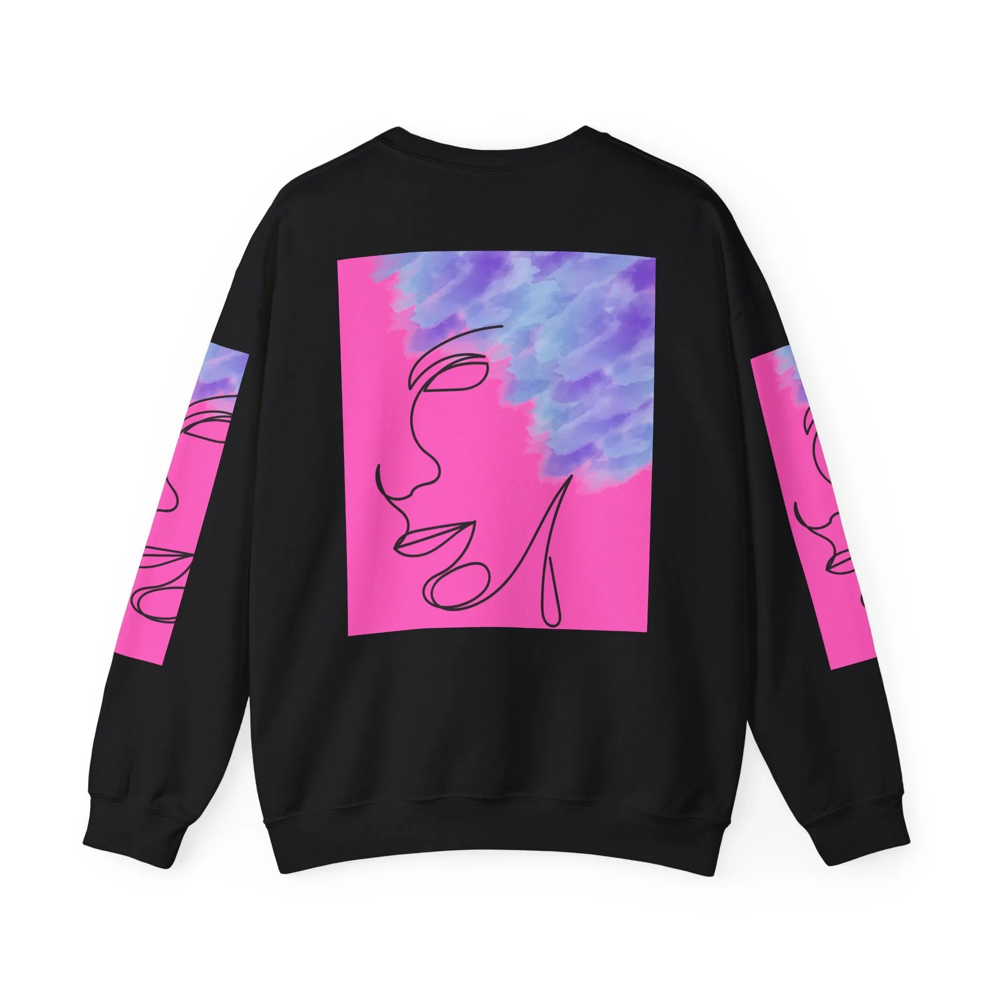 Crewneck Sweatshirt - Abstract Line Art Face Design. Watercolor Purple Splashes for Kinky Hair