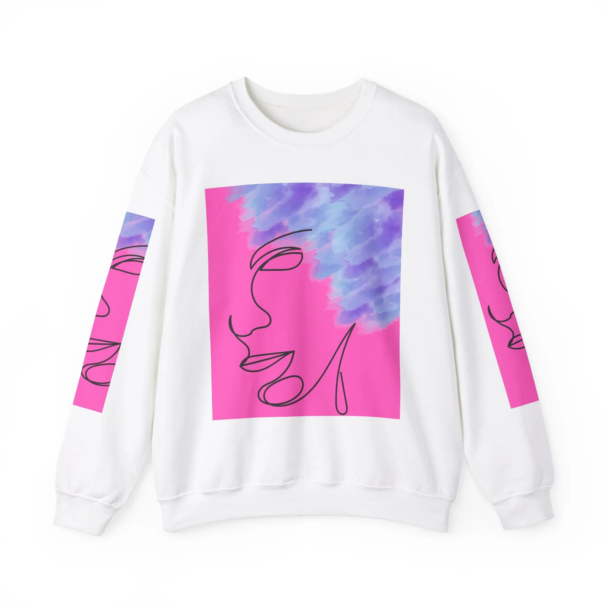 Crewneck Sweatshirt - Abstract Line Art Face Design. Watercolor Purple Splashes for Kinky Hair