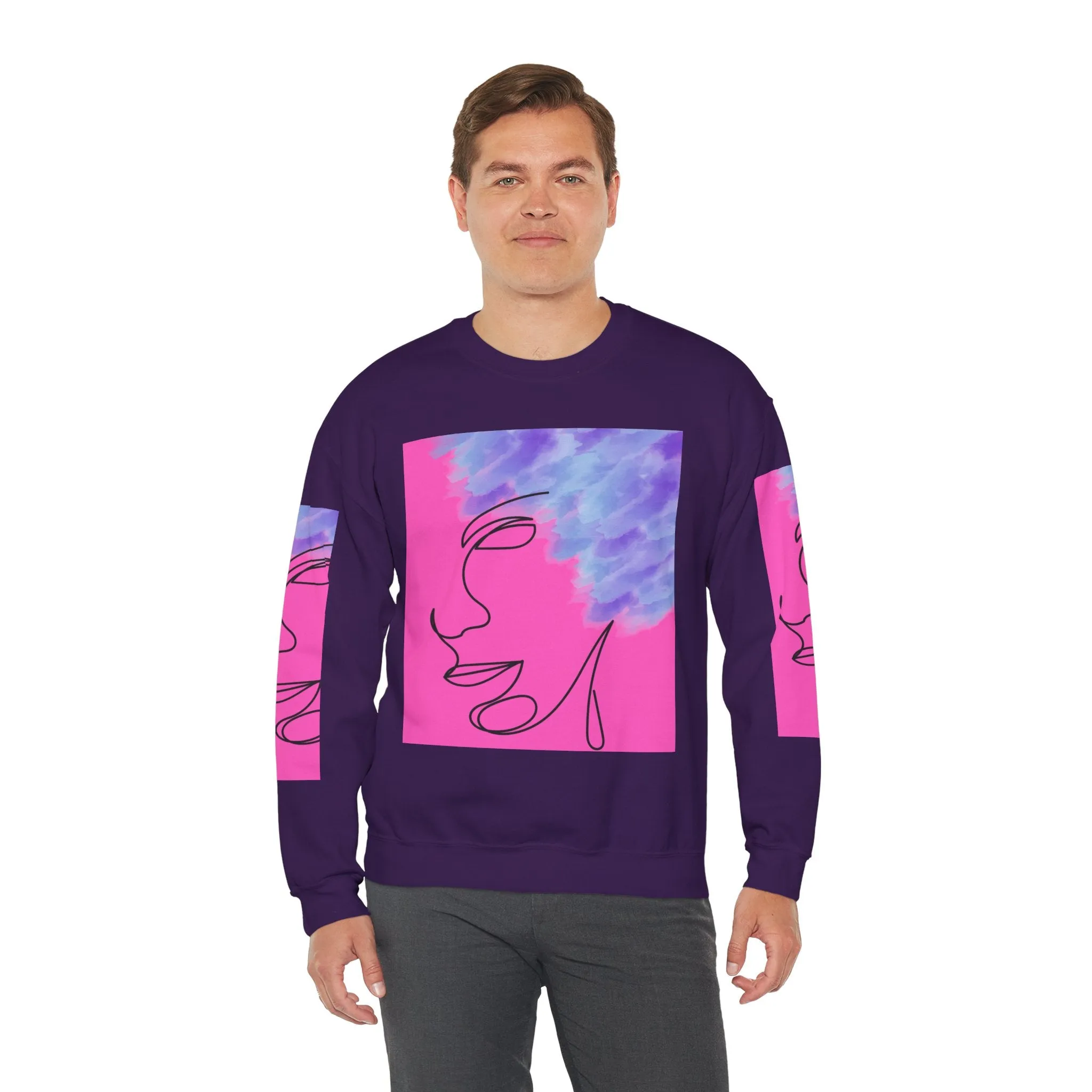 Crewneck Sweatshirt - Abstract Line Art Face Design. Watercolor Purple Splashes for Kinky Hair