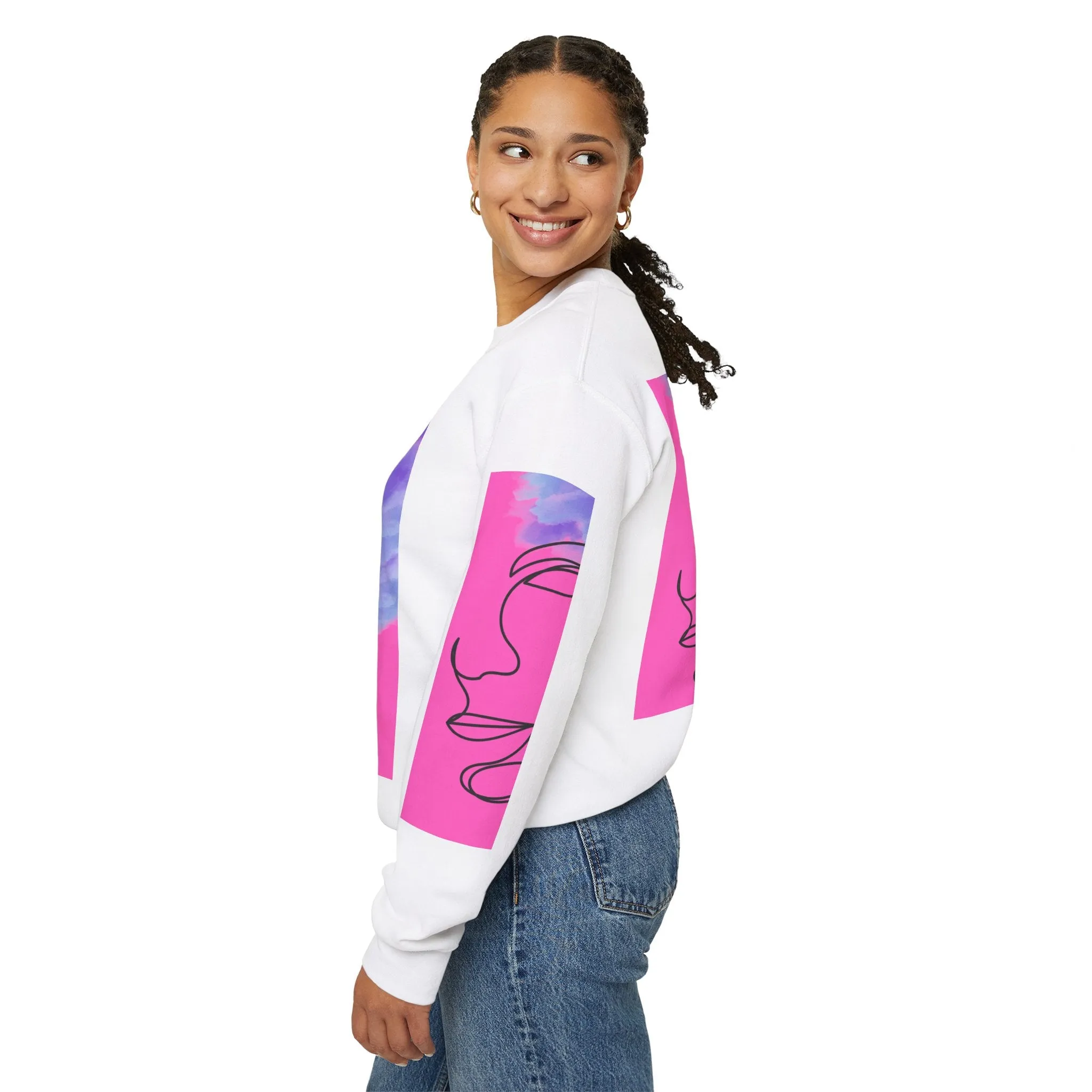 Crewneck Sweatshirt - Abstract Line Art Face Design. Watercolor Purple Splashes for Kinky Hair