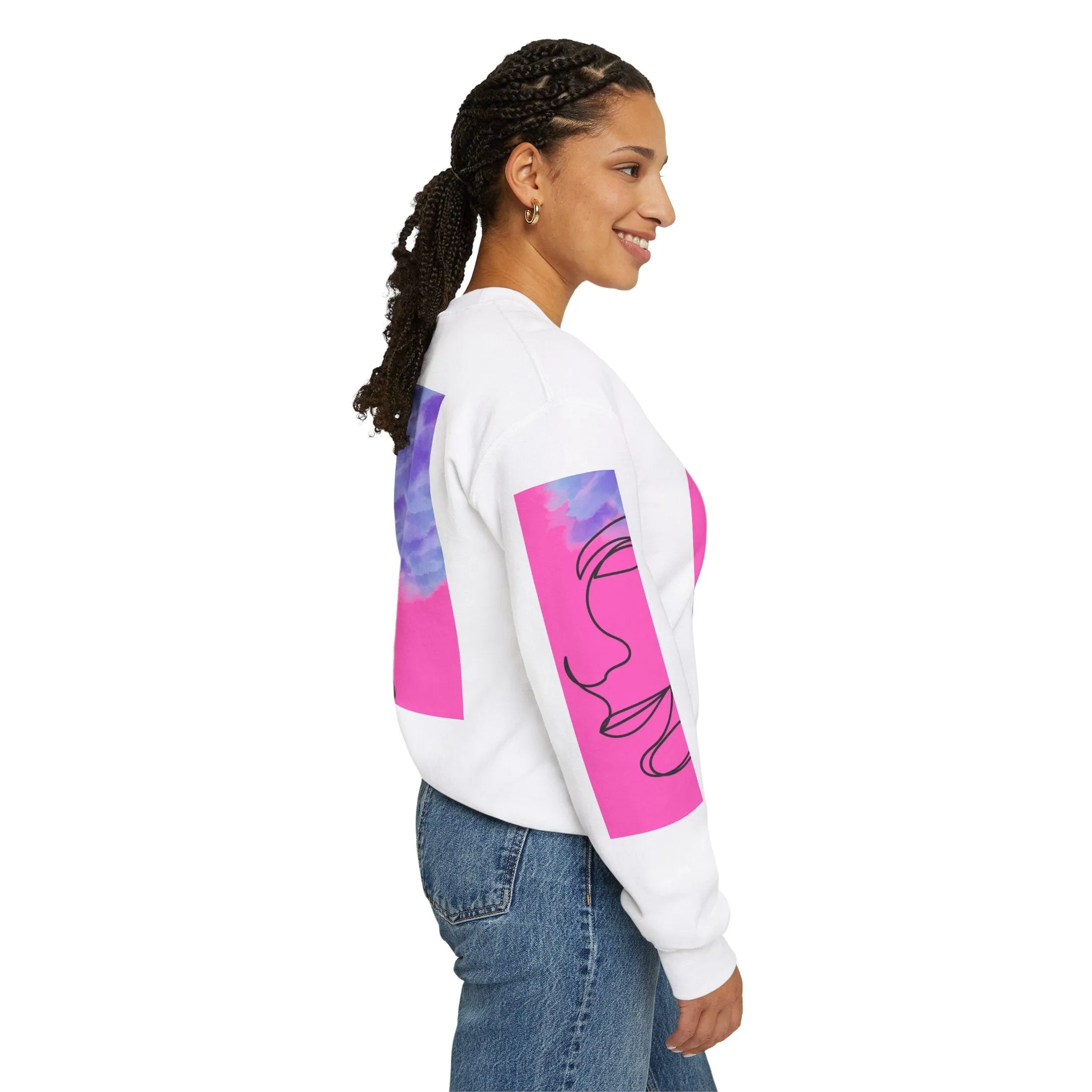 Crewneck Sweatshirt - Abstract Line Art Face Design. Watercolor Purple Splashes for Kinky Hair