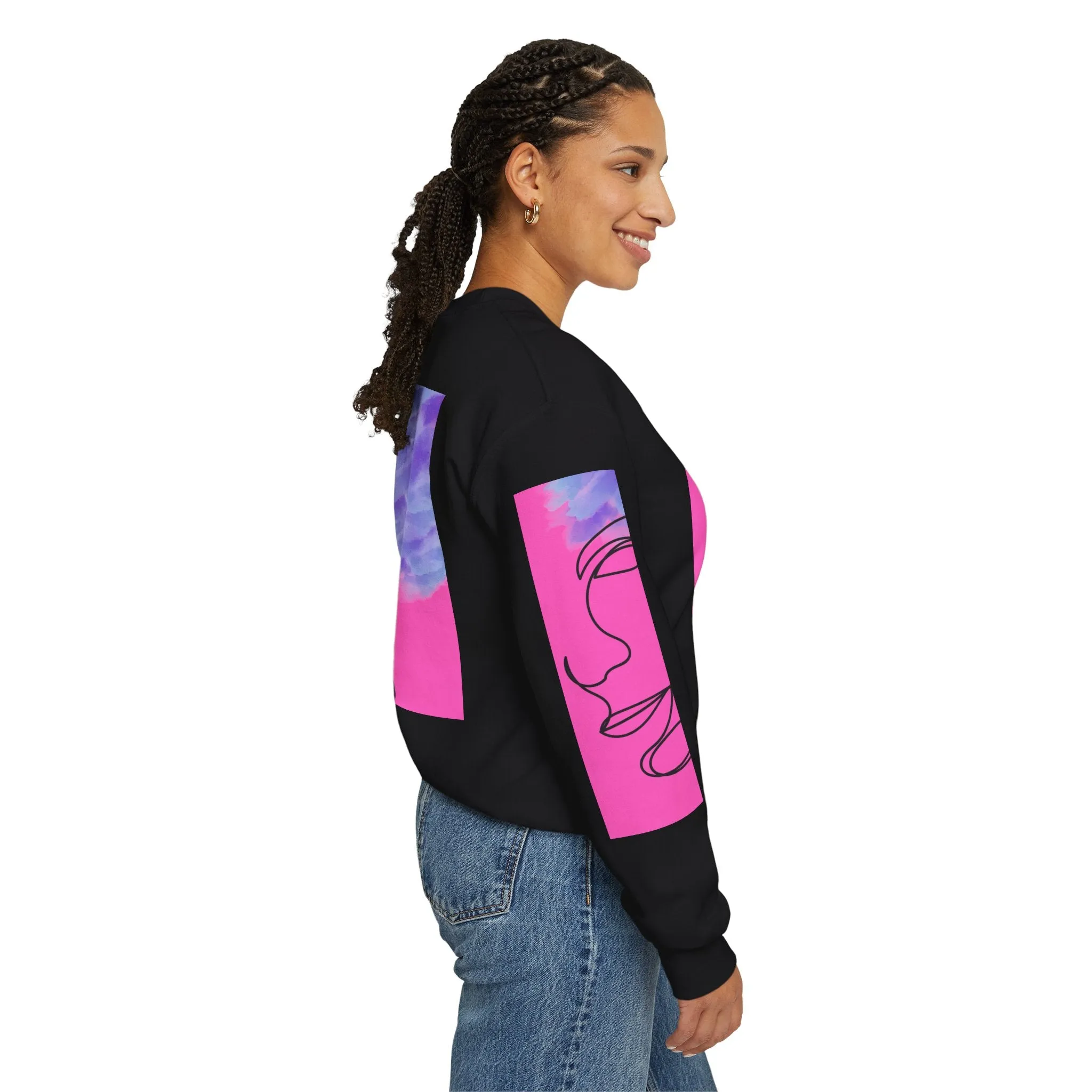 Crewneck Sweatshirt - Abstract Line Art Face Design. Watercolor Purple Splashes for Kinky Hair