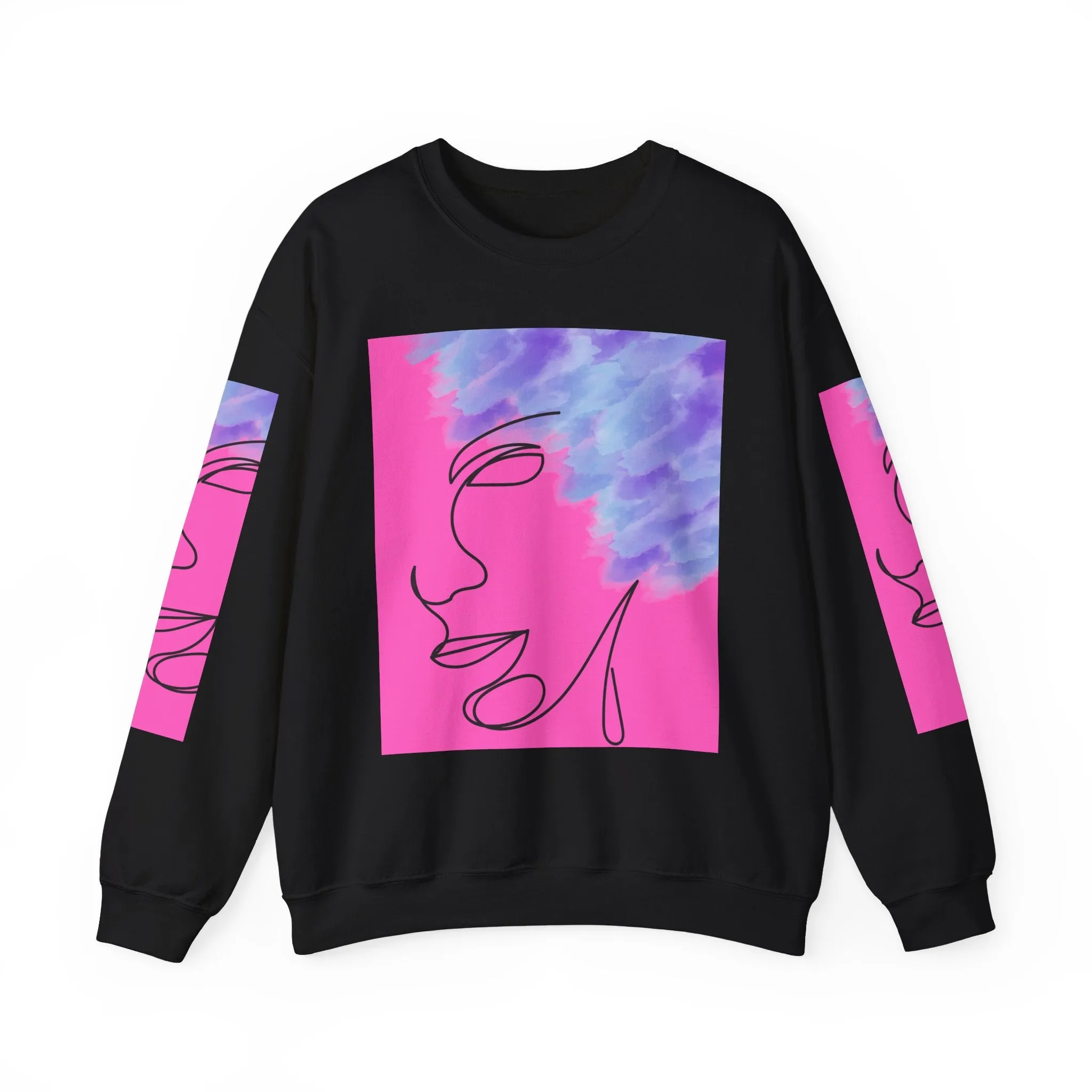 Crewneck Sweatshirt - Abstract Line Art Face Design. Watercolor Purple Splashes for Kinky Hair