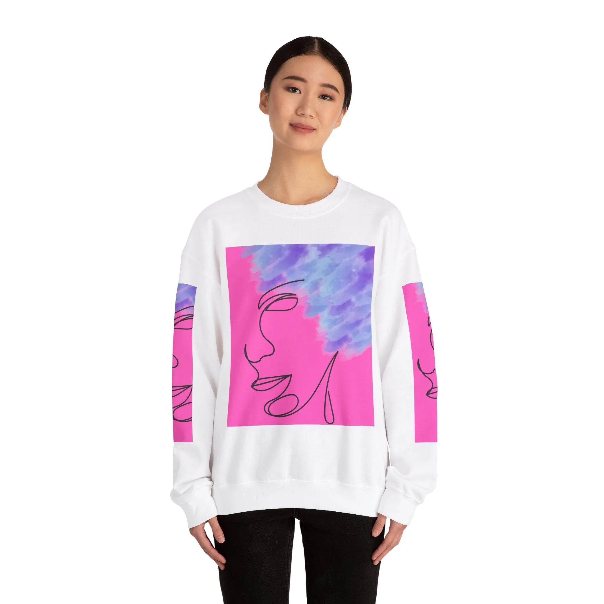 Crewneck Sweatshirt - Abstract Line Art Face Design. Watercolor Purple Splashes for Kinky Hair