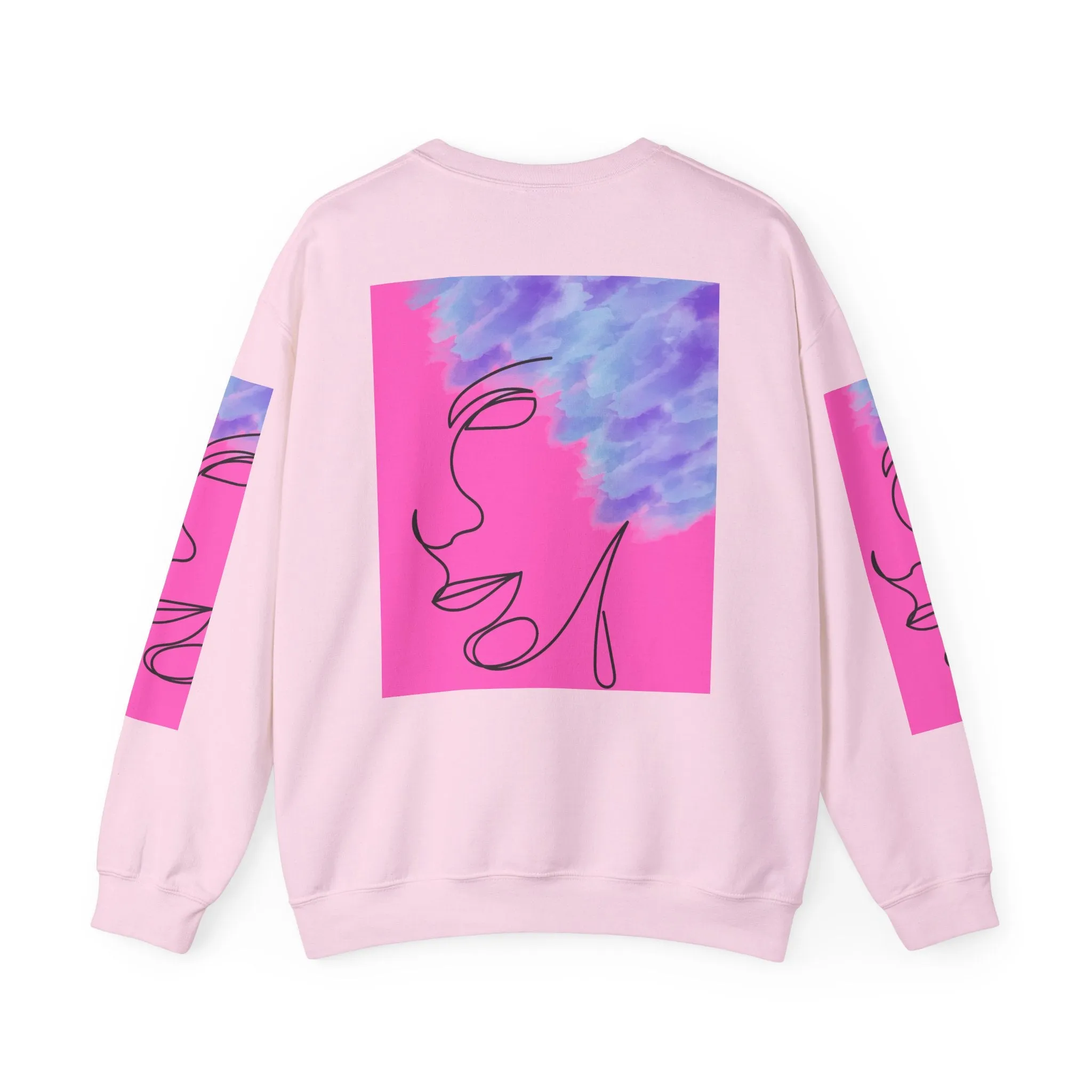 Crewneck Sweatshirt - Abstract Line Art Face Design. Watercolor Purple Splashes for Kinky Hair