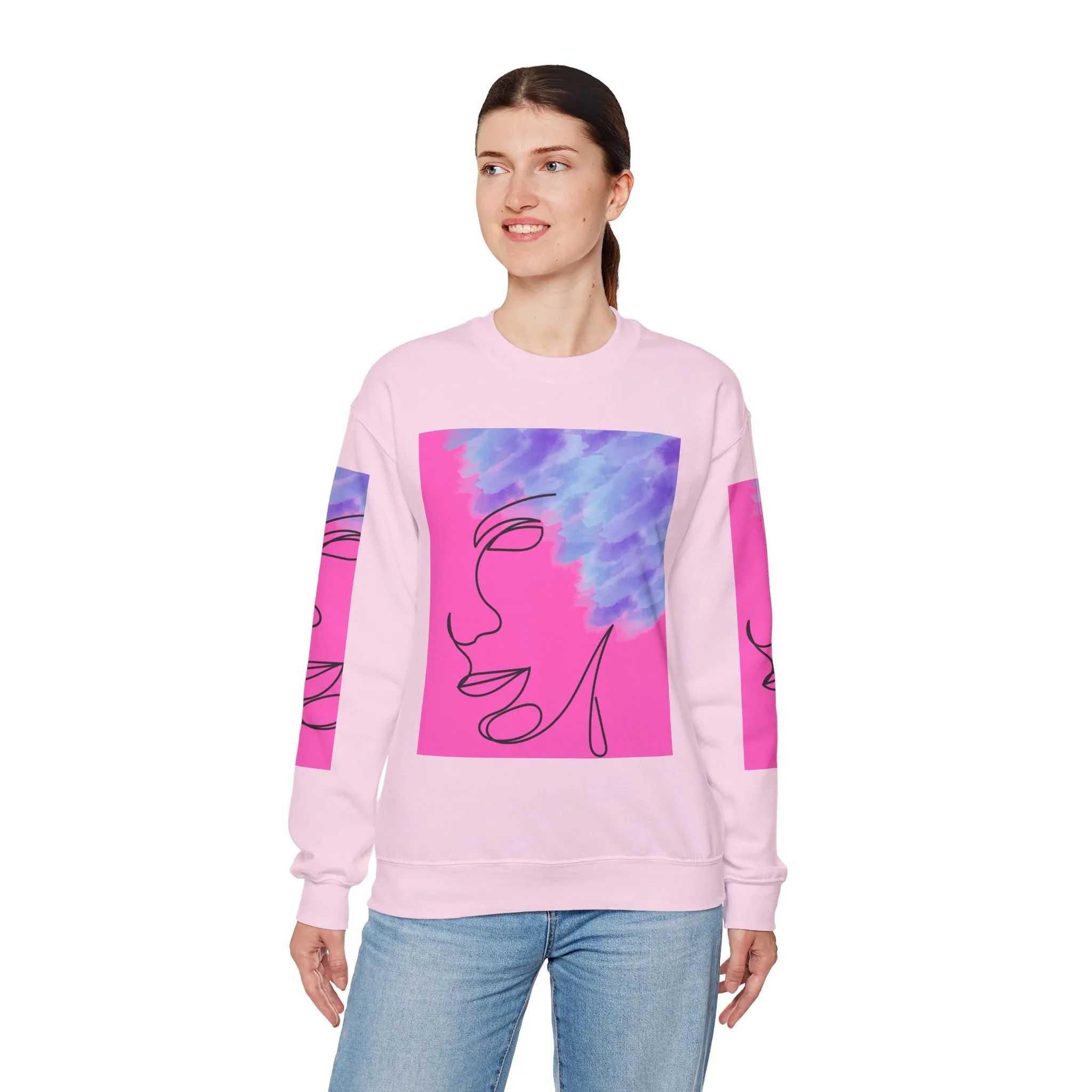 Crewneck Sweatshirt - Abstract Line Art Face Design. Watercolor Purple Splashes for Kinky Hair