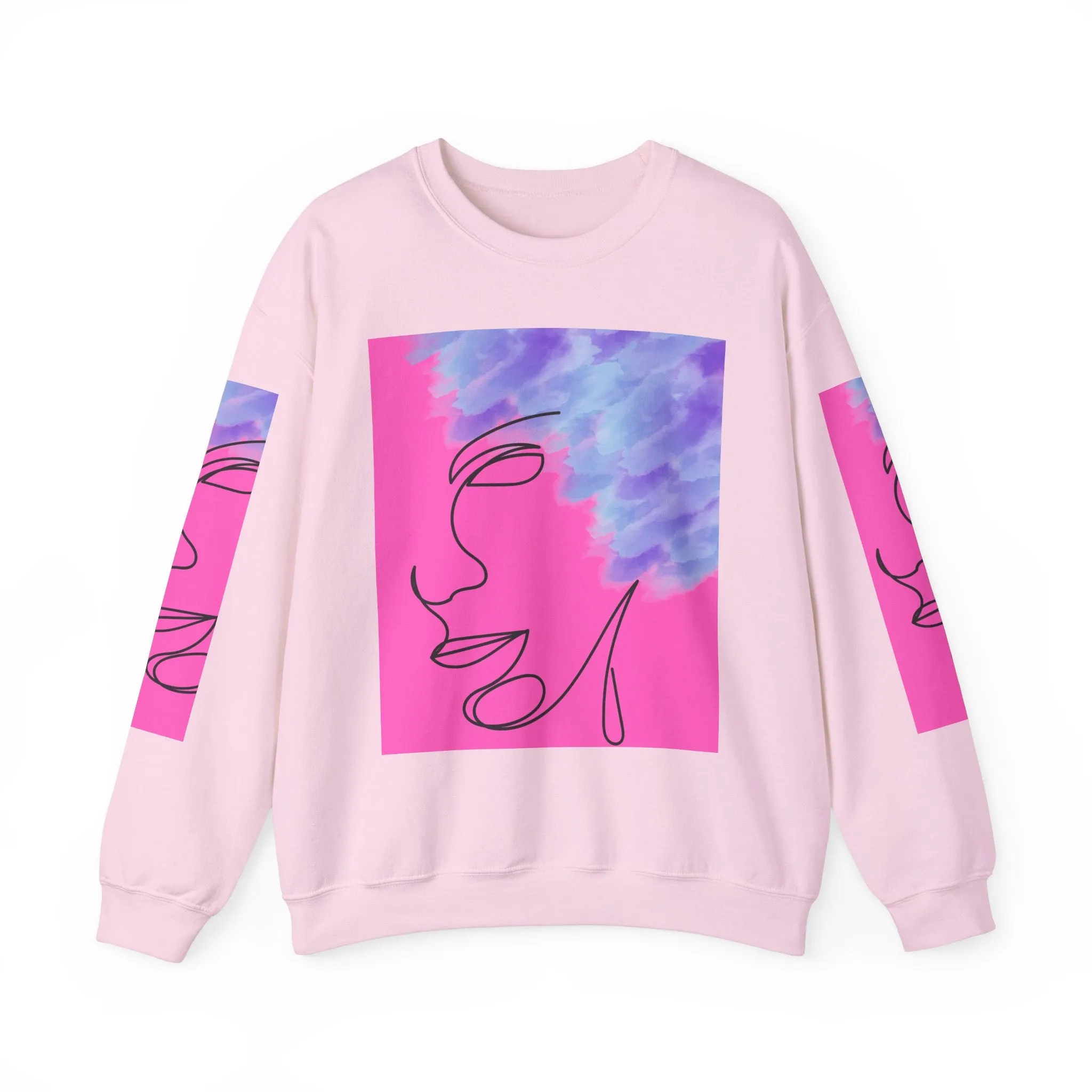 Crewneck Sweatshirt - Abstract Line Art Face Design. Watercolor Purple Splashes for Kinky Hair