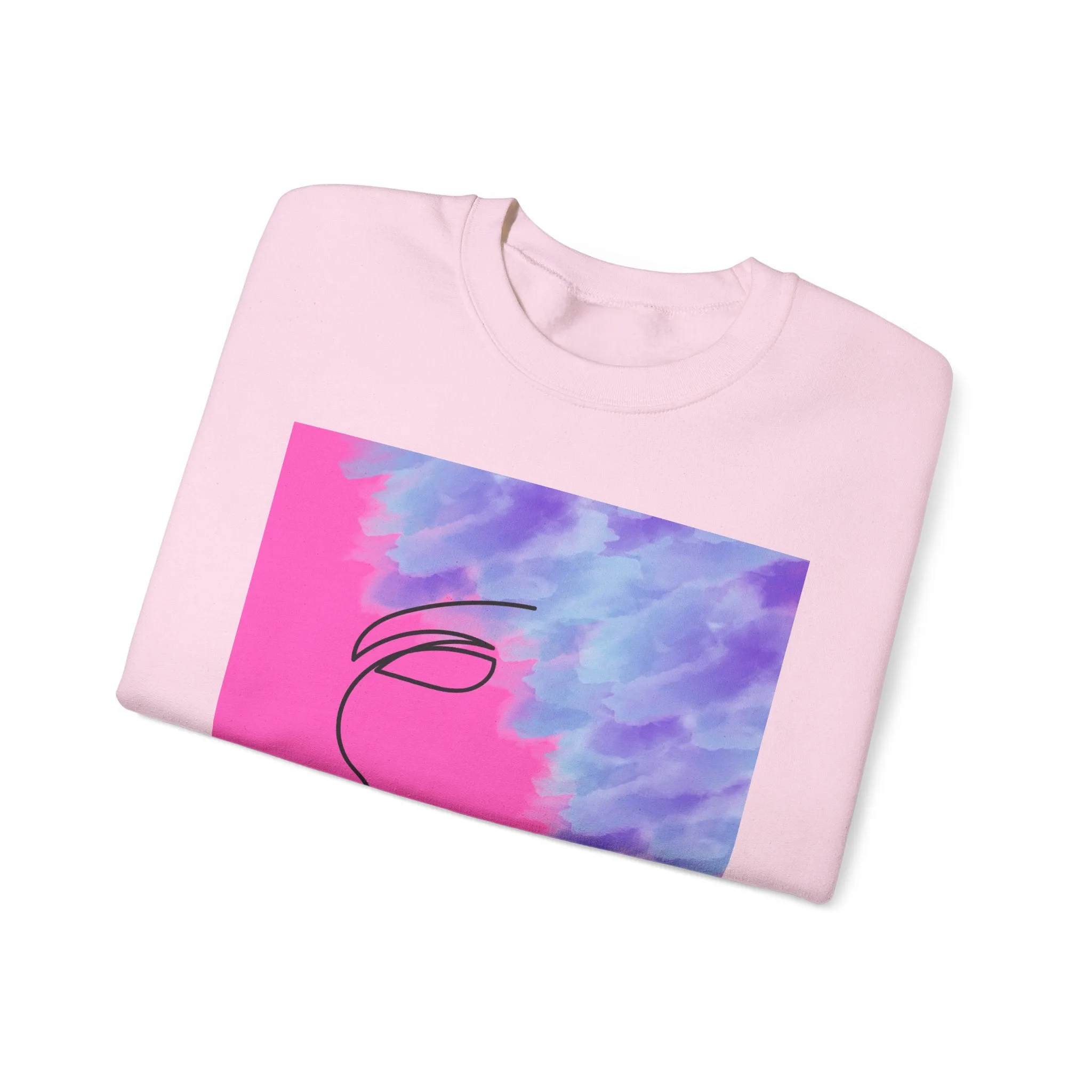 Crewneck Sweatshirt - Abstract Line Art Face Design. Watercolor Purple Splashes for Kinky Hair