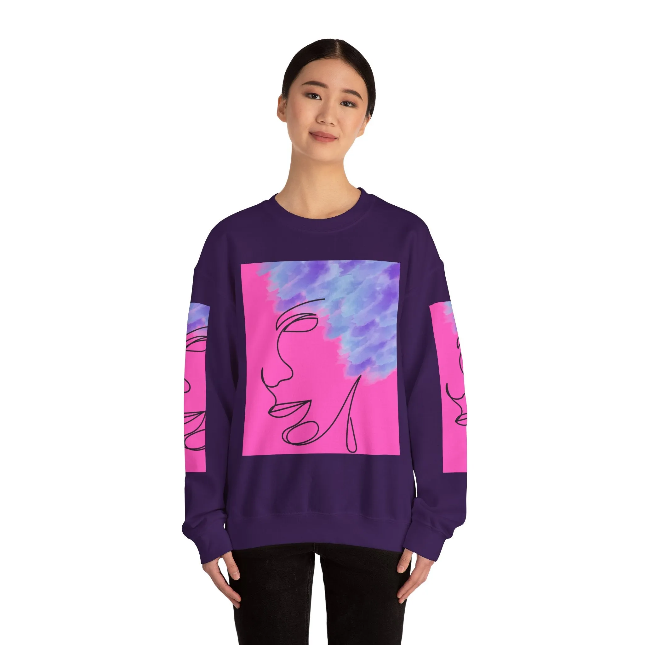 Crewneck Sweatshirt - Abstract Line Art Face Design. Watercolor Purple Splashes for Kinky Hair