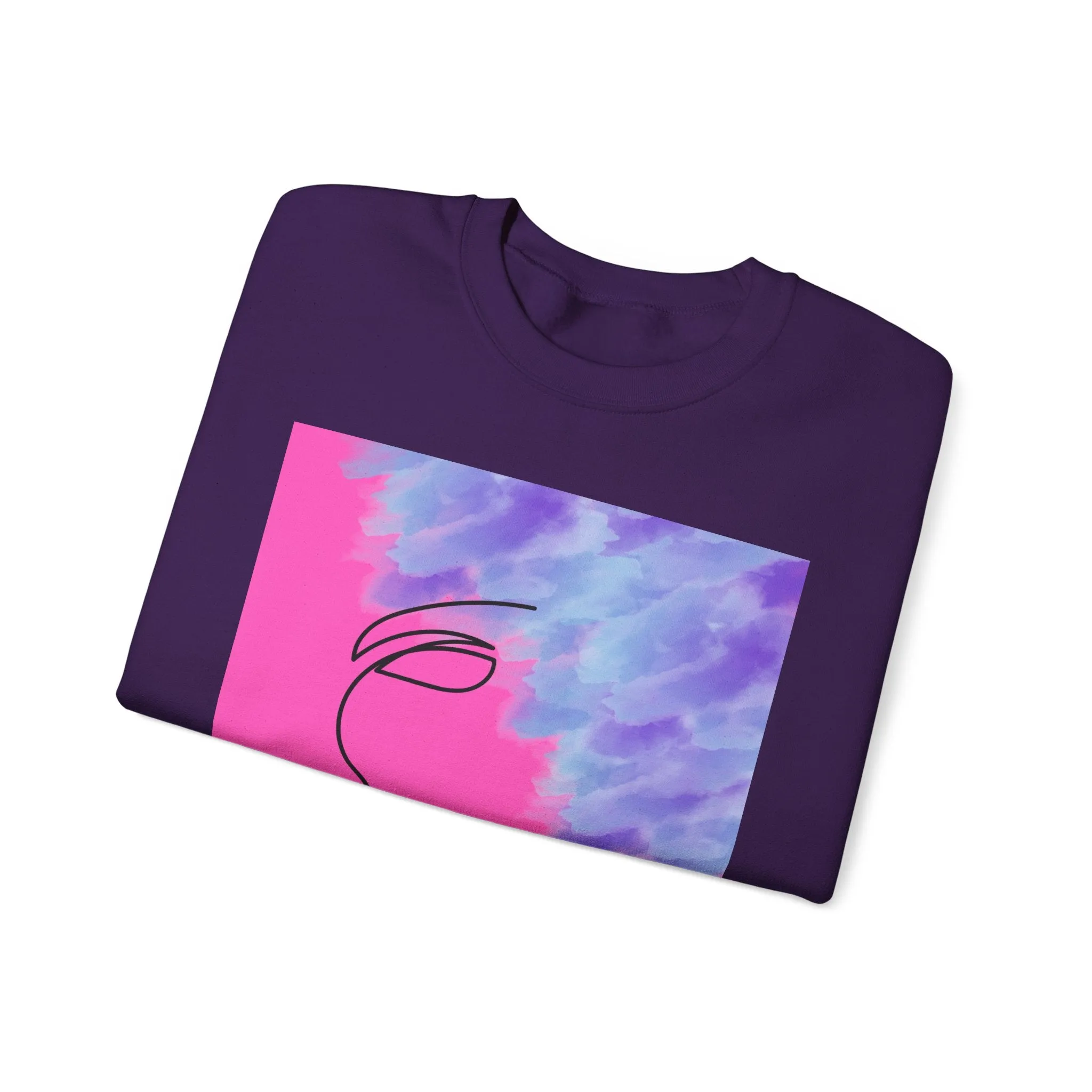 Crewneck Sweatshirt - Abstract Line Art Face Design. Watercolor Purple Splashes for Kinky Hair