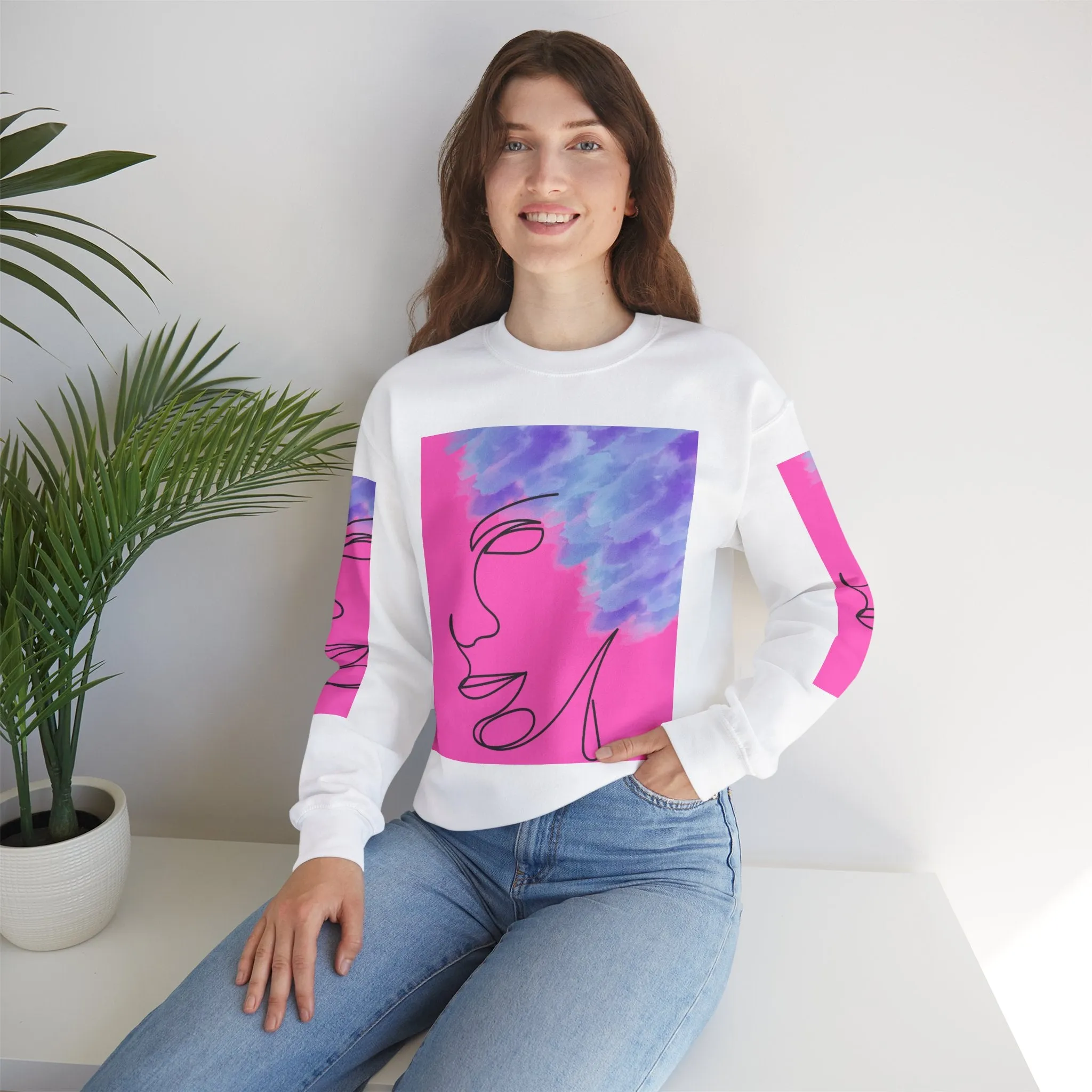 Crewneck Sweatshirt - Abstract Line Art Face Design. Watercolor Purple Splashes for Kinky Hair