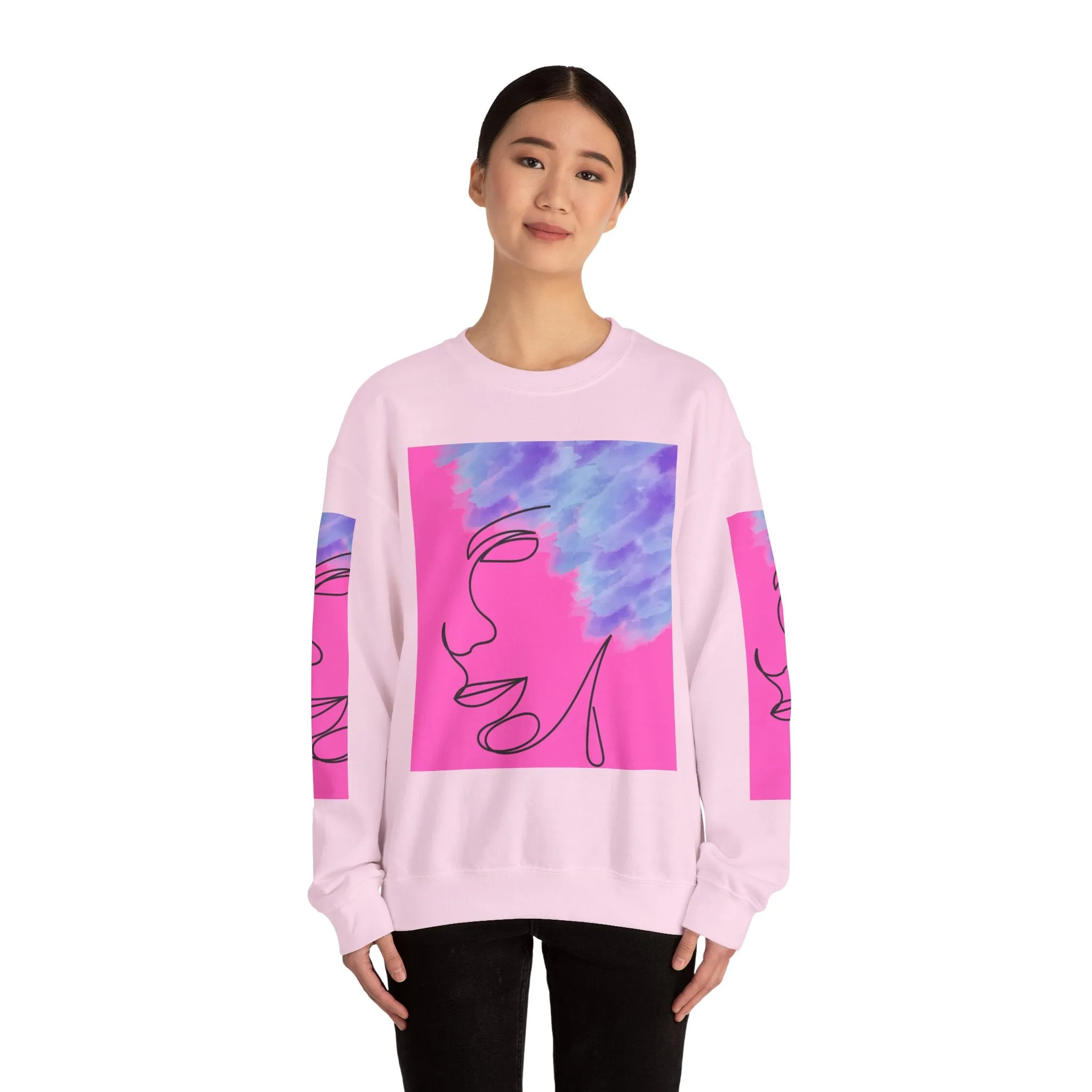 Crewneck Sweatshirt - Abstract Line Art Face Design. Watercolor Purple Splashes for Kinky Hair