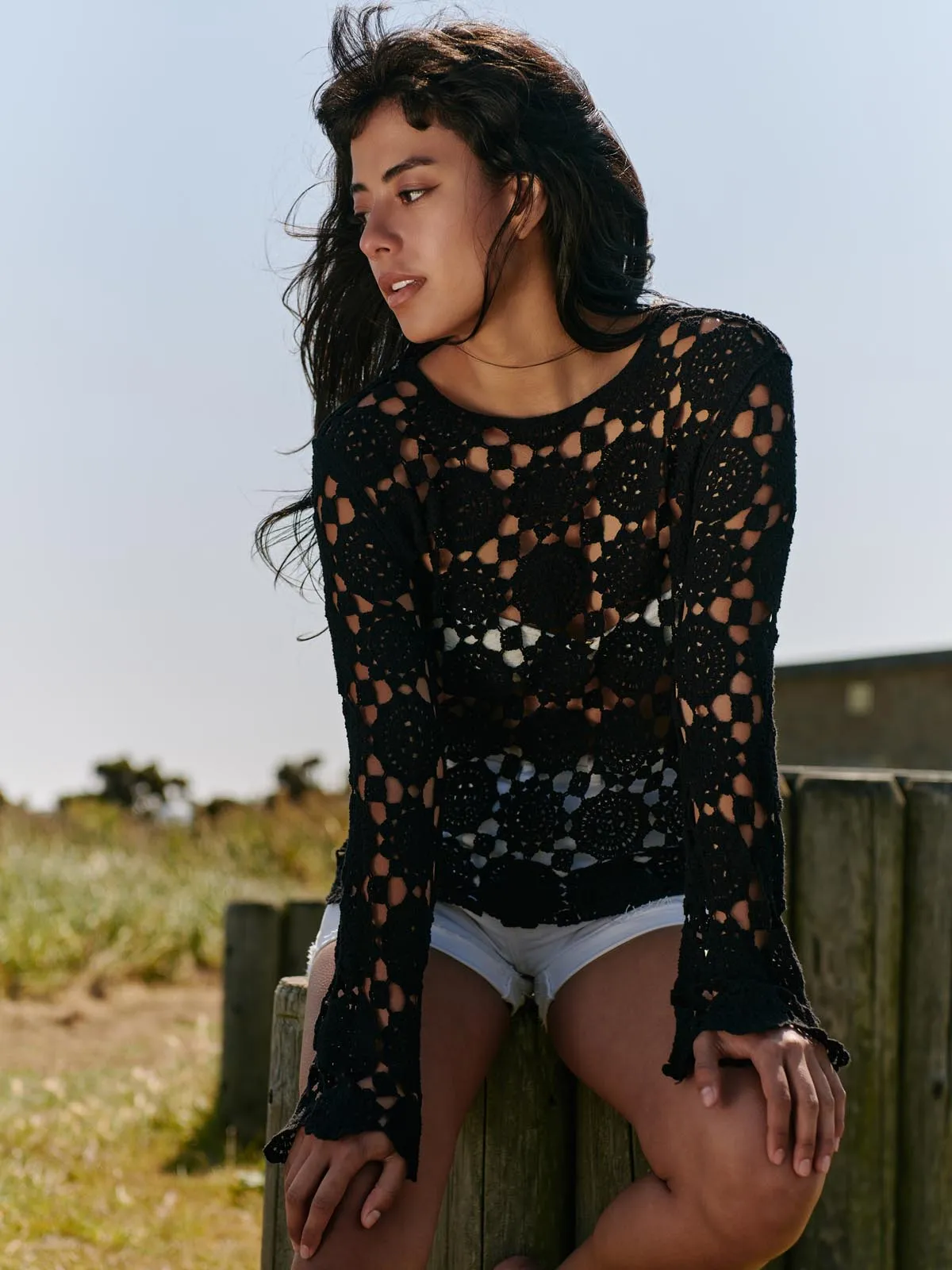 Crochet Knit Long Sleeve Top, Black