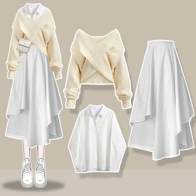 Cross Knit Sweater Shirt Irregular Skirt Three Piece Set