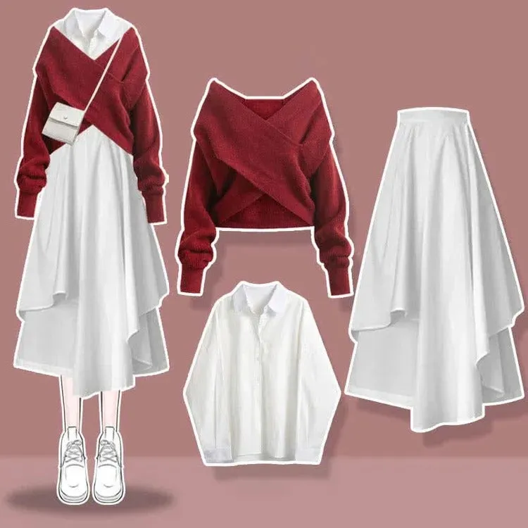 Cross Knit Sweater Shirt Irregular Skirt Three Piece Set