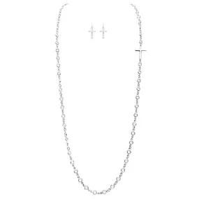 Crystal Link with Inspirational Religious Sideways Cross Necklace and Earrings Set, 36" 3" Extender (Clear Crystal Silver Tone)