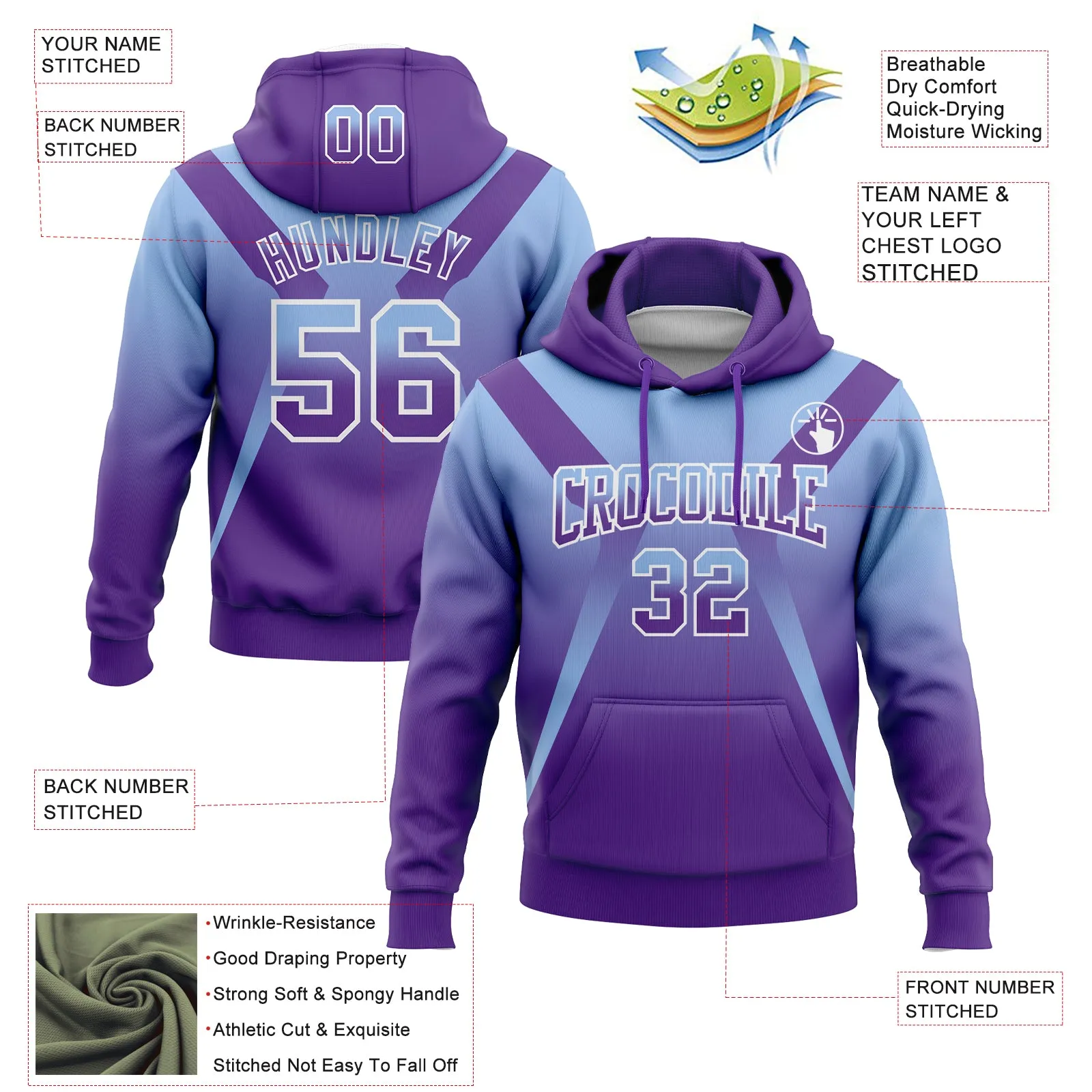 Custom Stitched Light Blue Purple-White Fade Fashion Arrow Sports Pullover Sweatshirt Hoodie