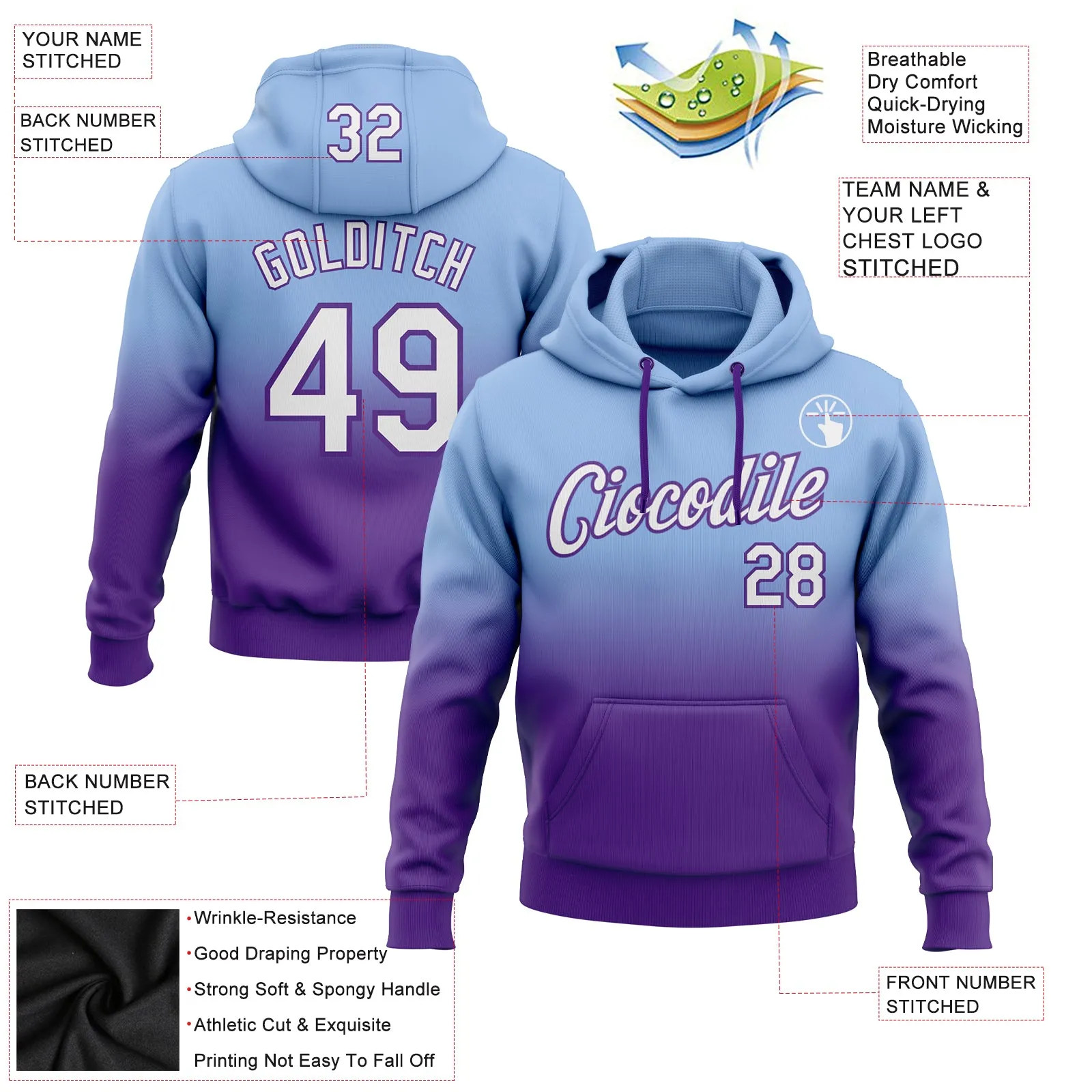 Custom Stitched Light Blue White-Purple Fade Fashion Sports Pullover Sweatshirt Hoodie