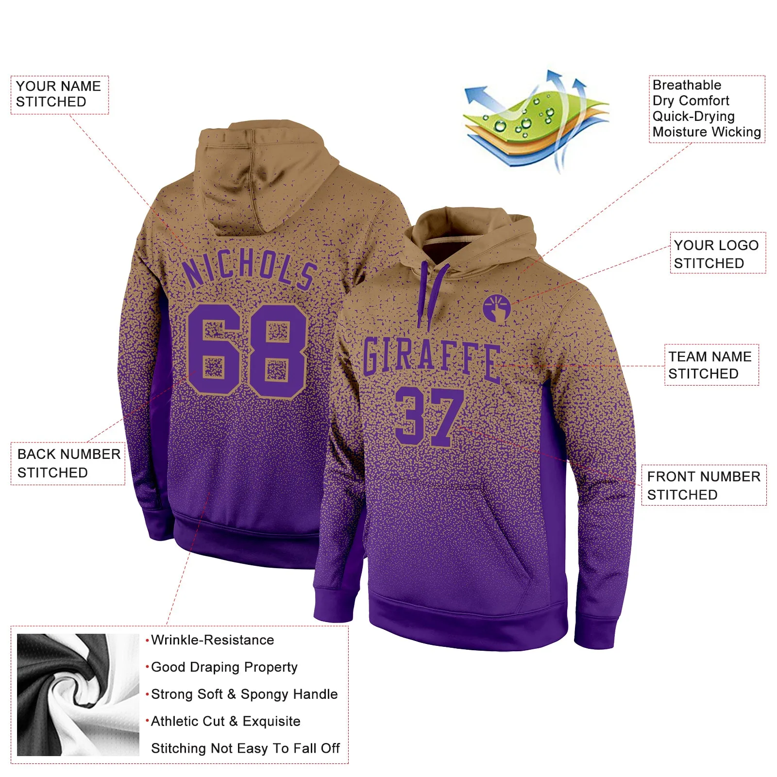 Custom Stitched Old Gold Purple Fade Fashion Sports Pullover Sweatshirt Hoodie