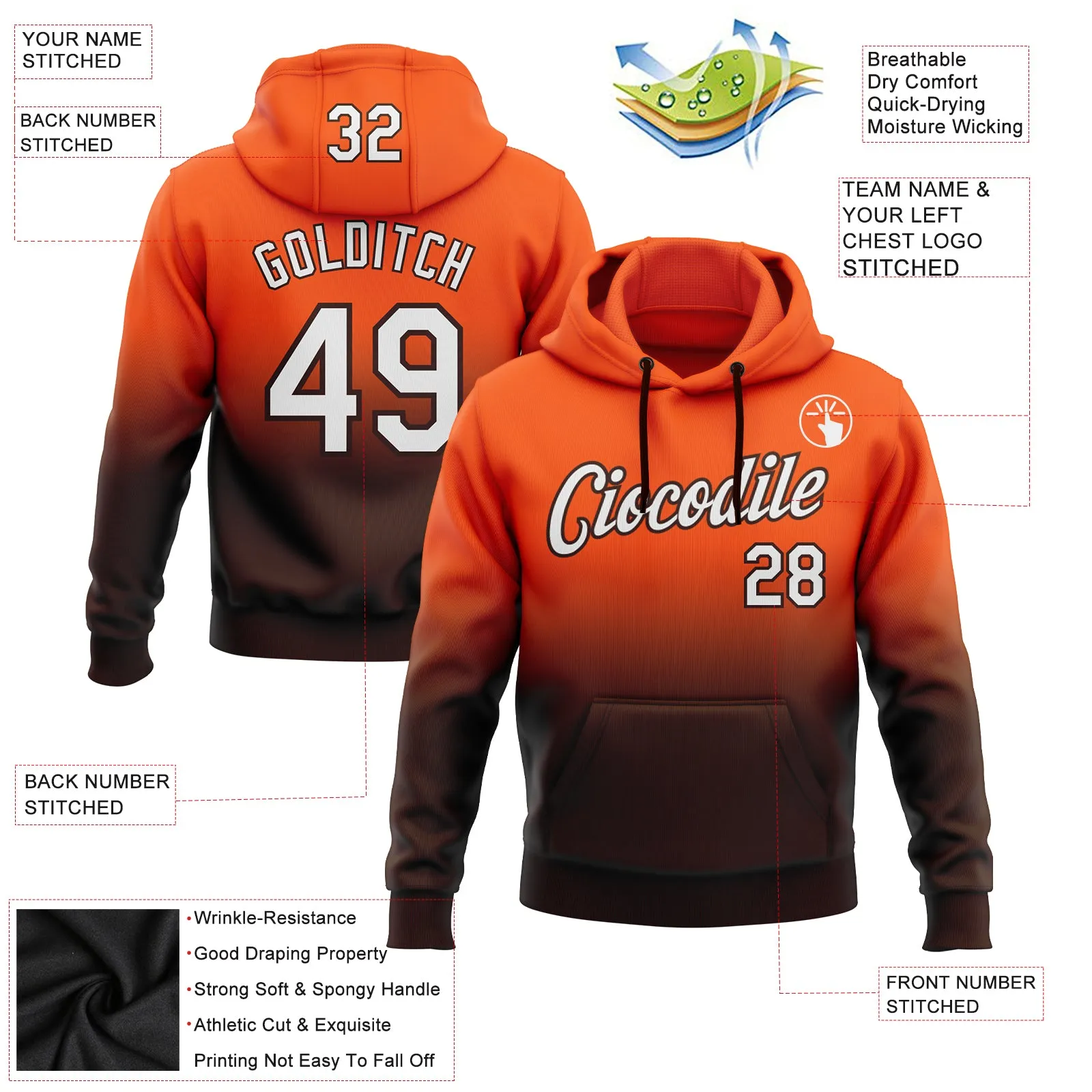 Custom Stitched Orange White-Brown Fade Fashion Sports Pullover Sweatshirt Hoodie