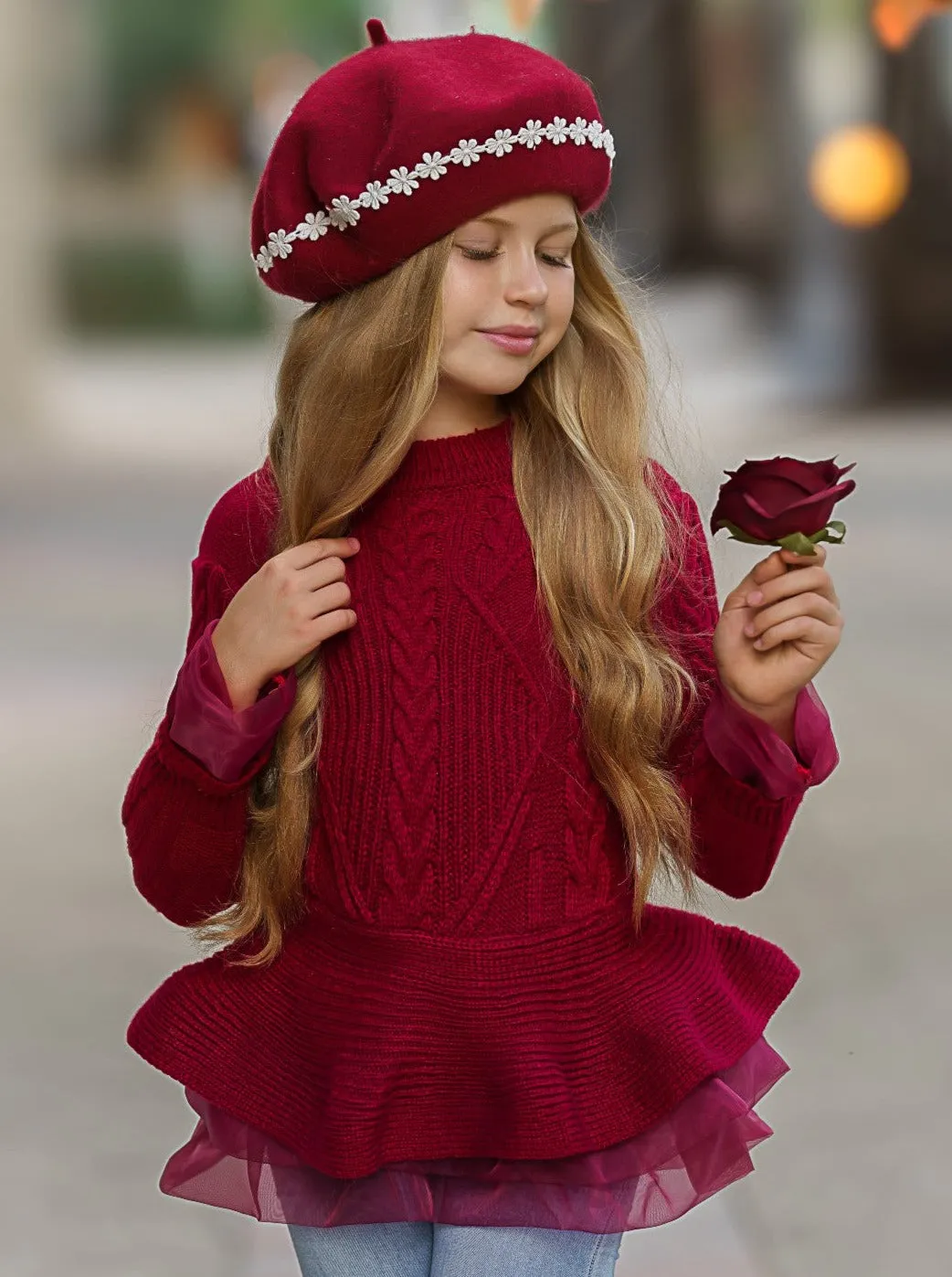 Cute As Pie Cranberry Cable Knit Tutu Sweater