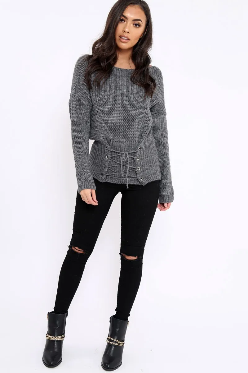 Dark Grey Corset Waist Knitted Jumper - Elizabeth