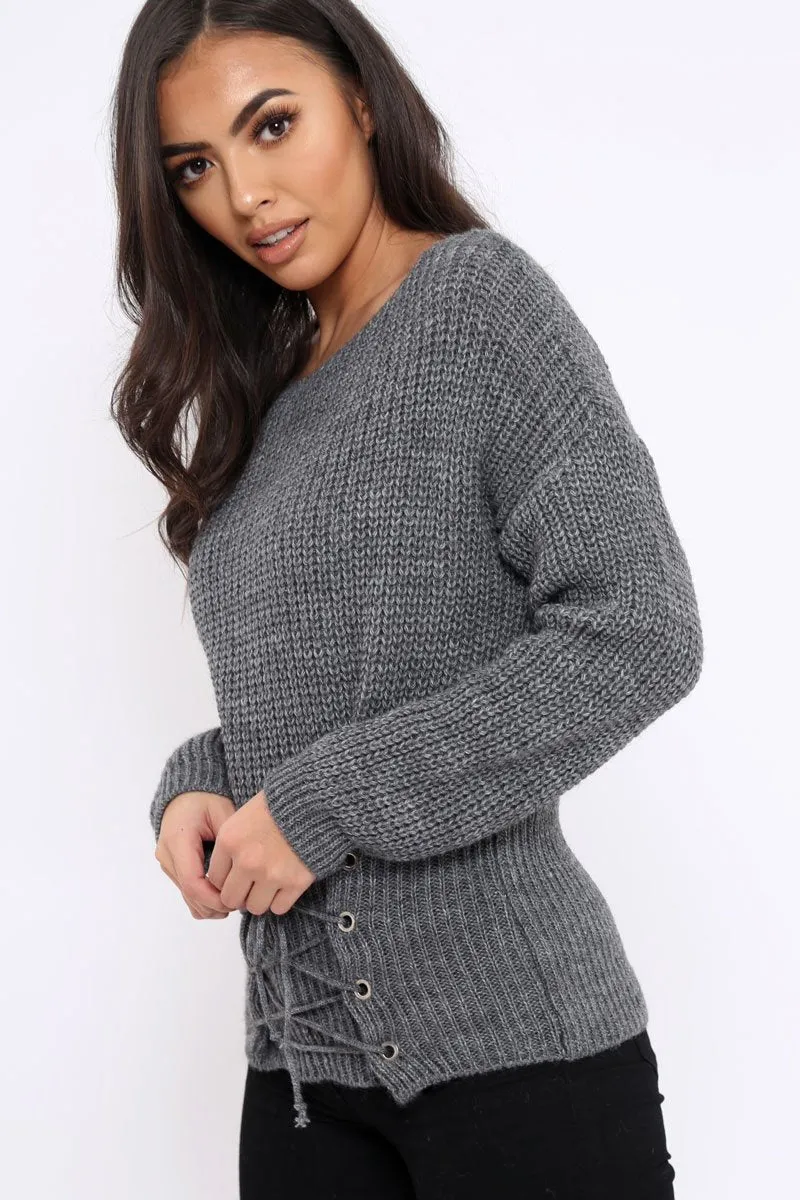 Dark Grey Corset Waist Knitted Jumper - Elizabeth