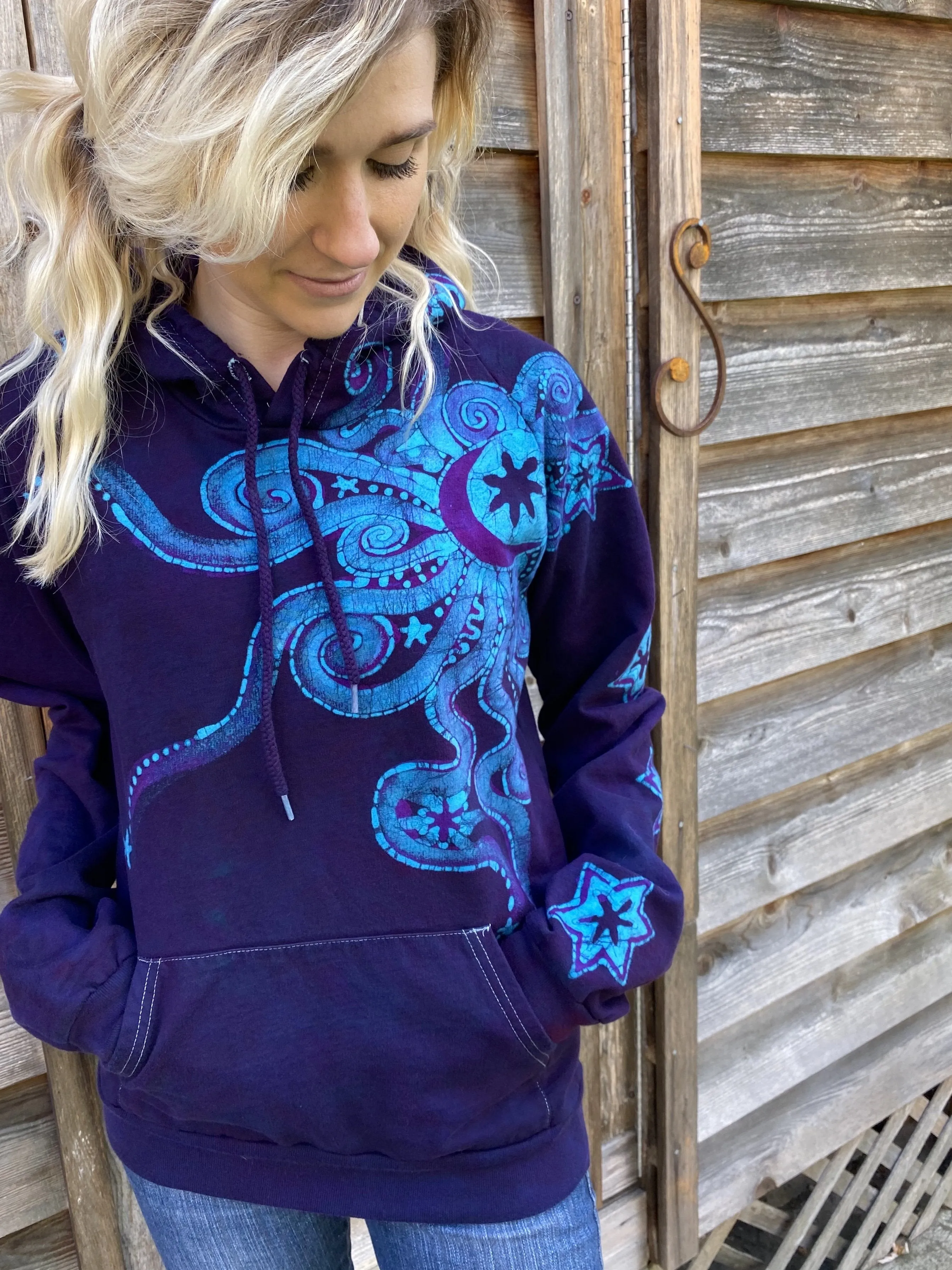 Deep Blue And Purple Moon Star Pullover Batik Hoodie - Handcrafted In Organic Cotton - Size MEDIUM ONLY