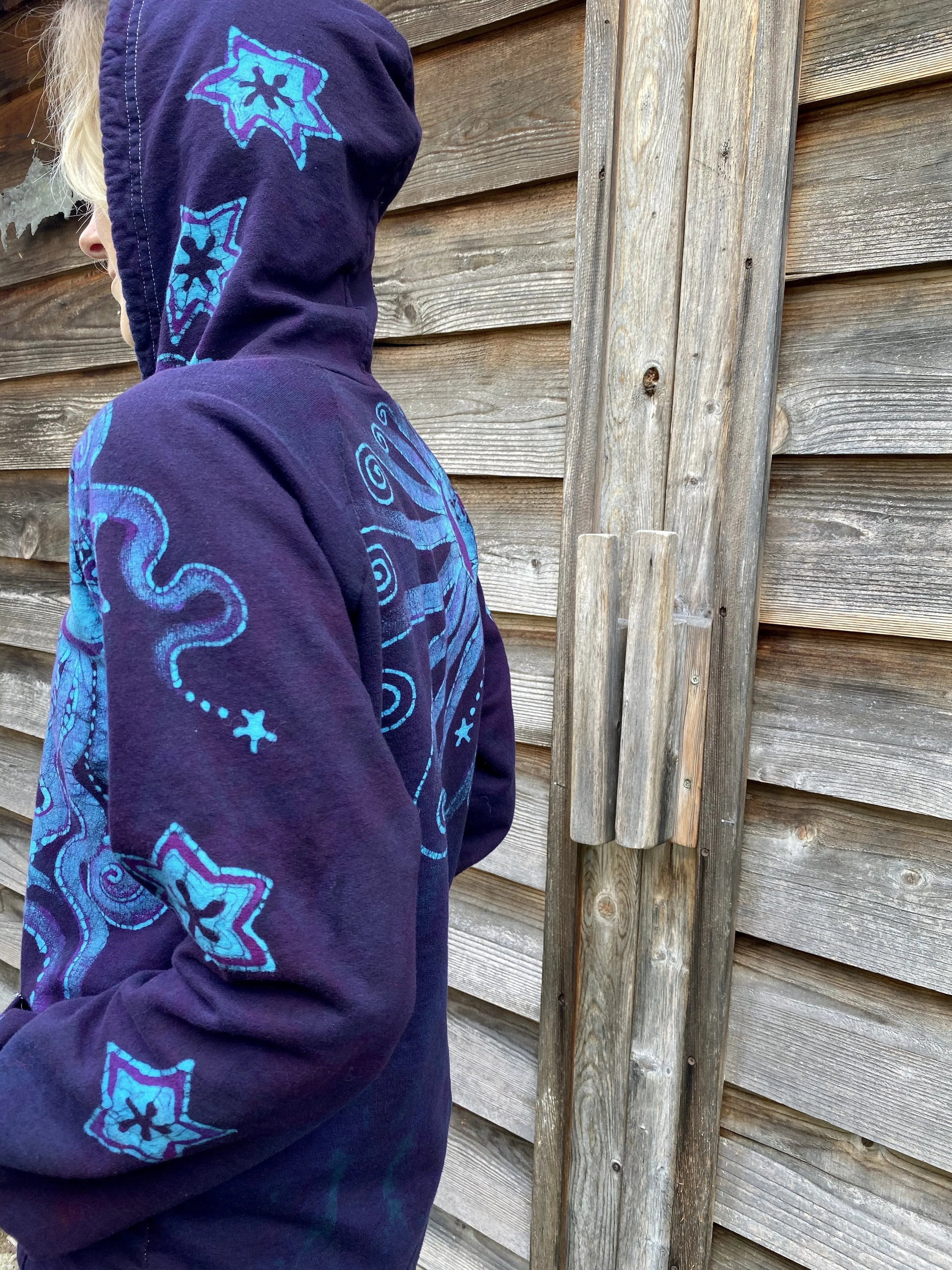 Deep Blue And Purple Moon Star Pullover Batik Hoodie - Handcrafted In Organic Cotton - Size MEDIUM ONLY