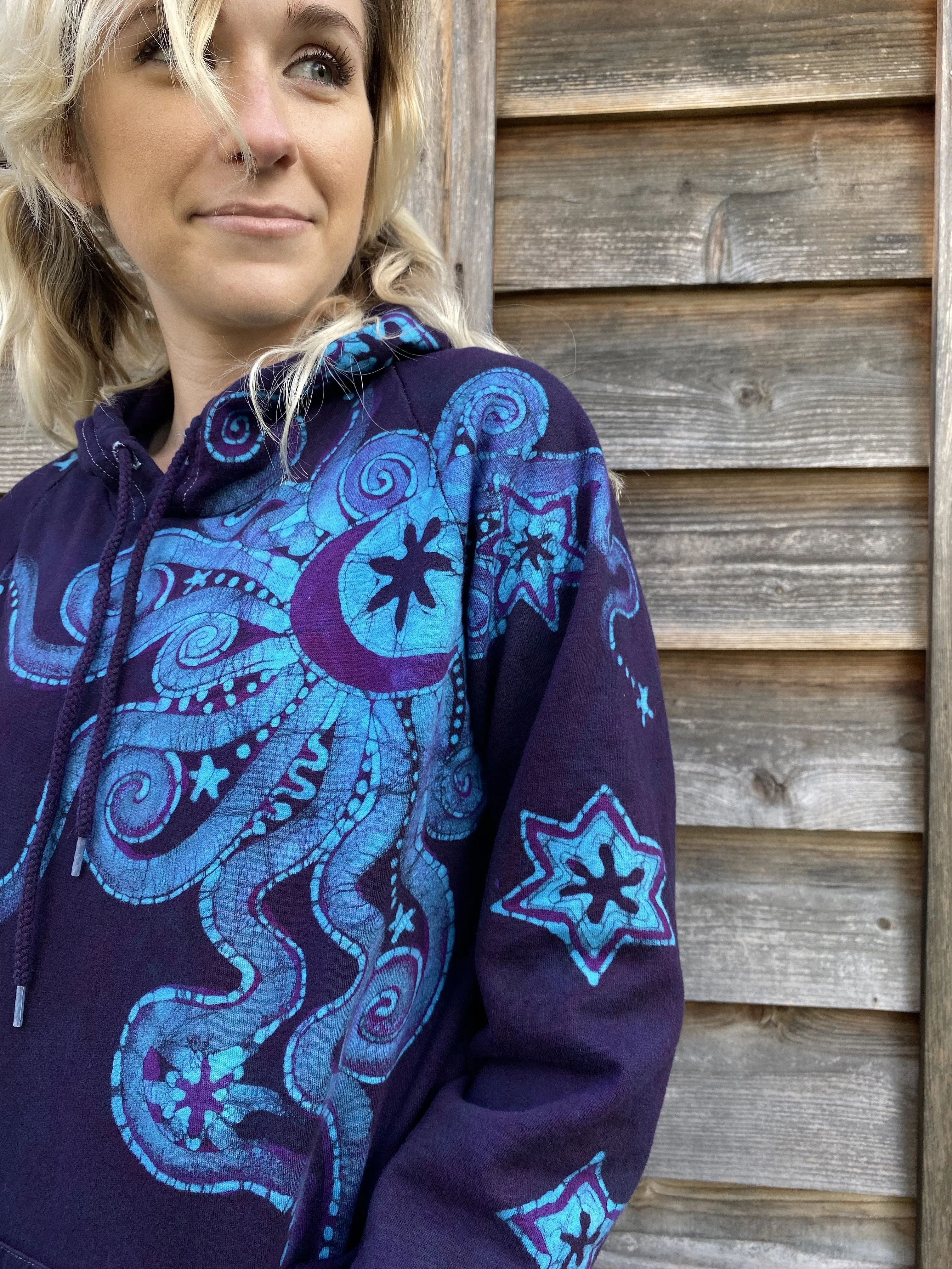 Deep Blue And Purple Moon Star Pullover Batik Hoodie - Handcrafted In Organic Cotton - Size MEDIUM ONLY