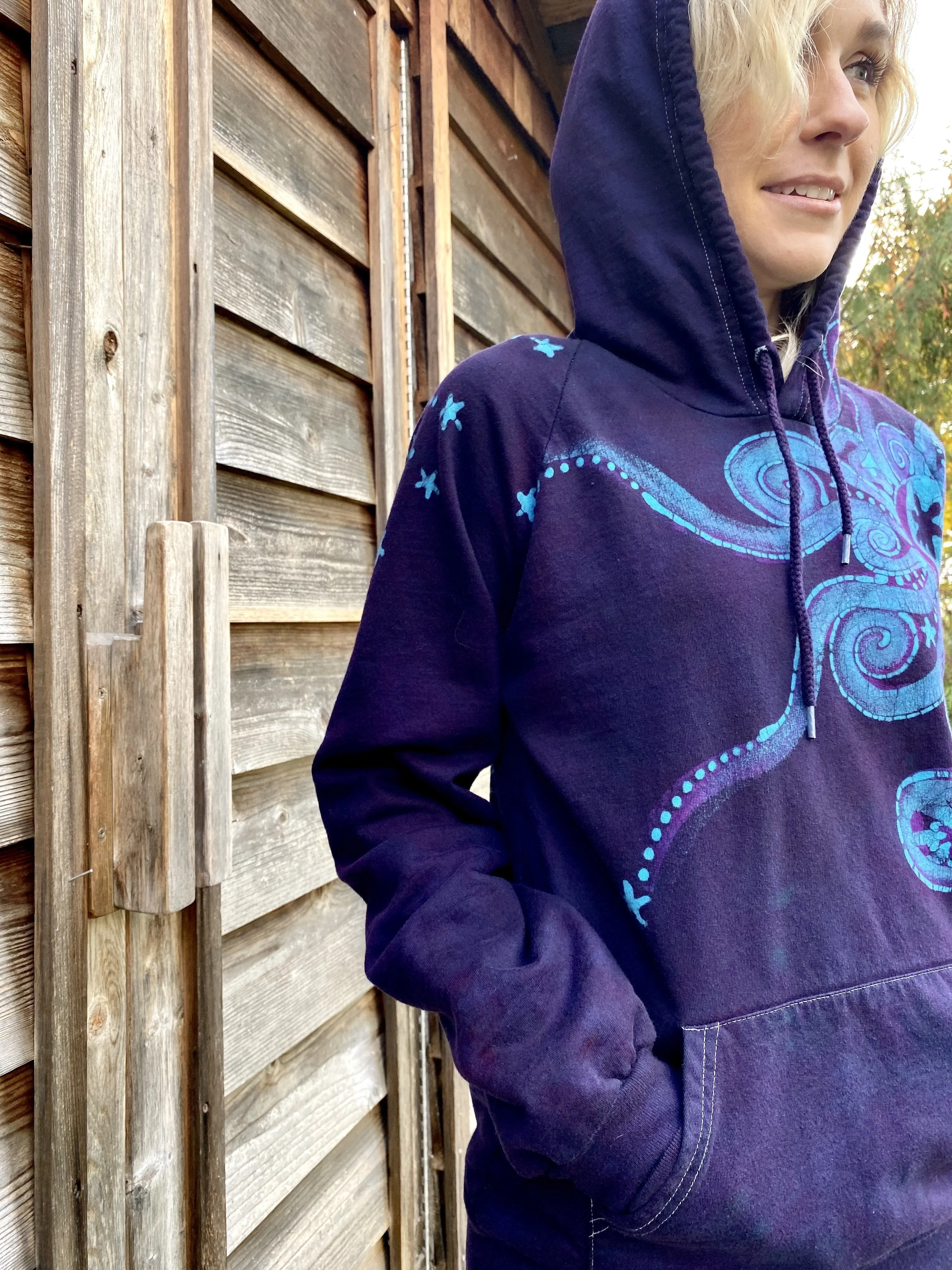 Deep Blue And Purple Moon Star Pullover Batik Hoodie - Handcrafted In Organic Cotton - Size MEDIUM ONLY