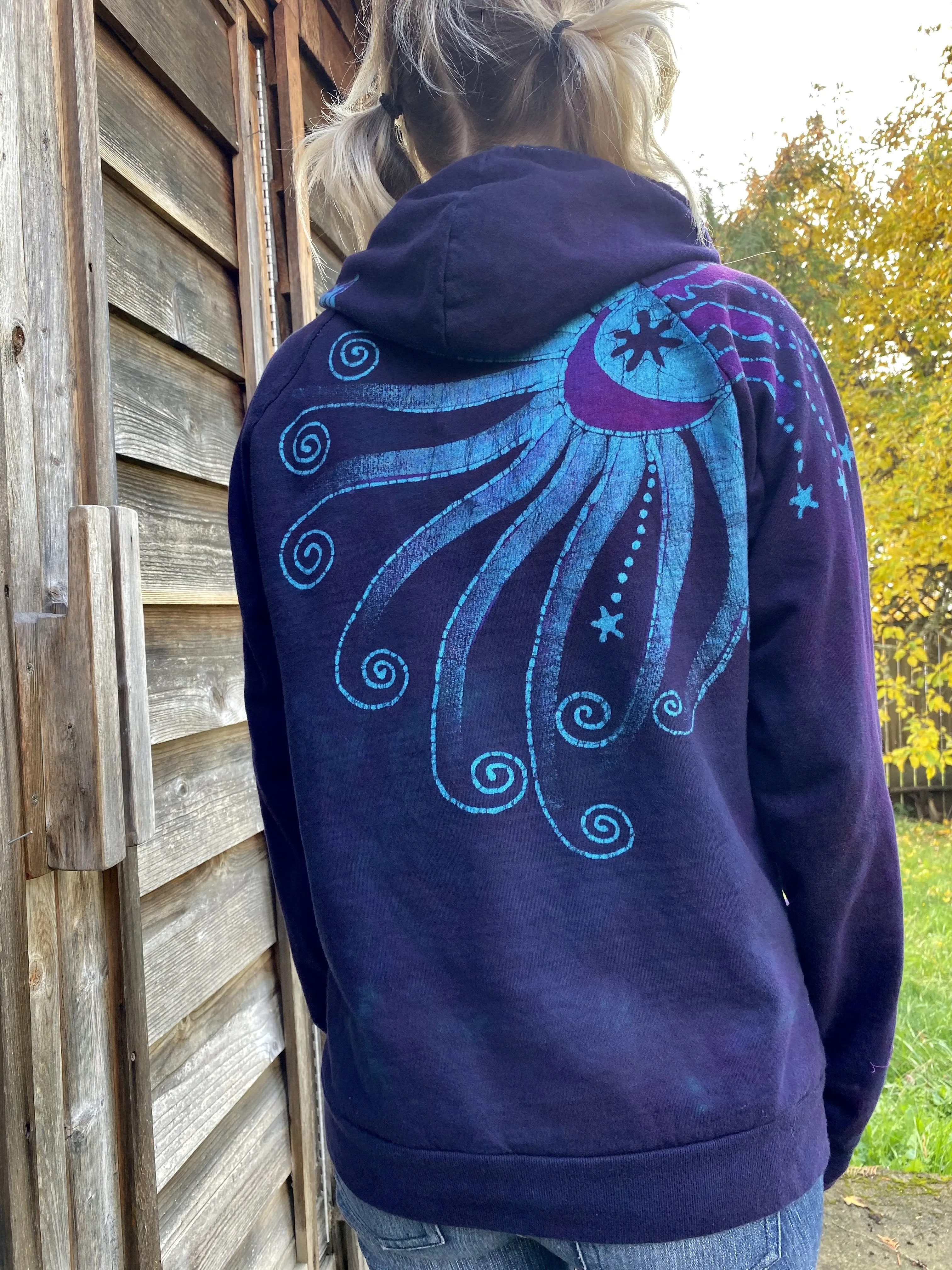 Deep Blue And Purple Moon Star Pullover Batik Hoodie - Handcrafted In Organic Cotton - Size MEDIUM ONLY