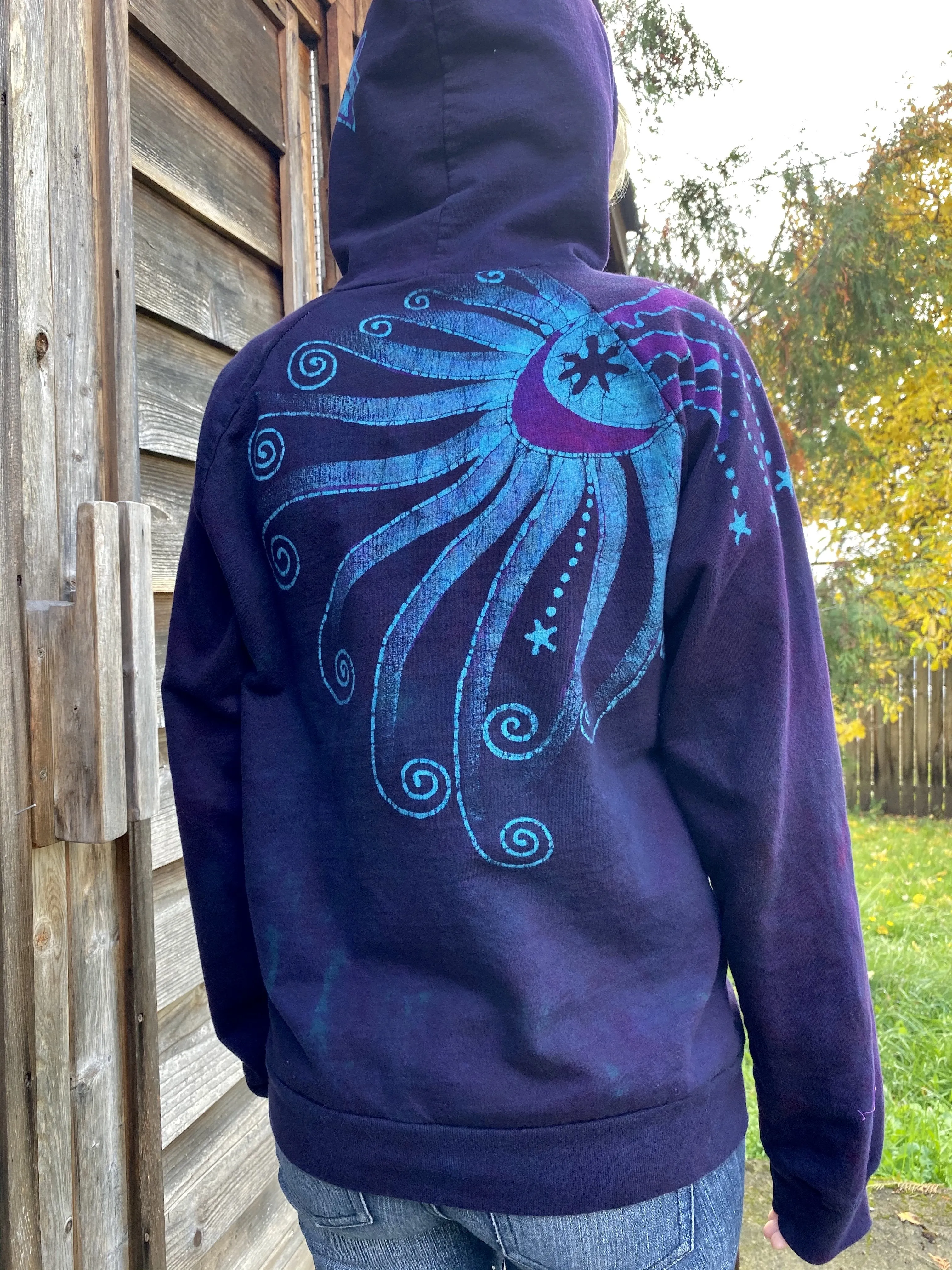 Deep Blue And Purple Moon Star Pullover Batik Hoodie - Handcrafted In Organic Cotton - Size MEDIUM ONLY