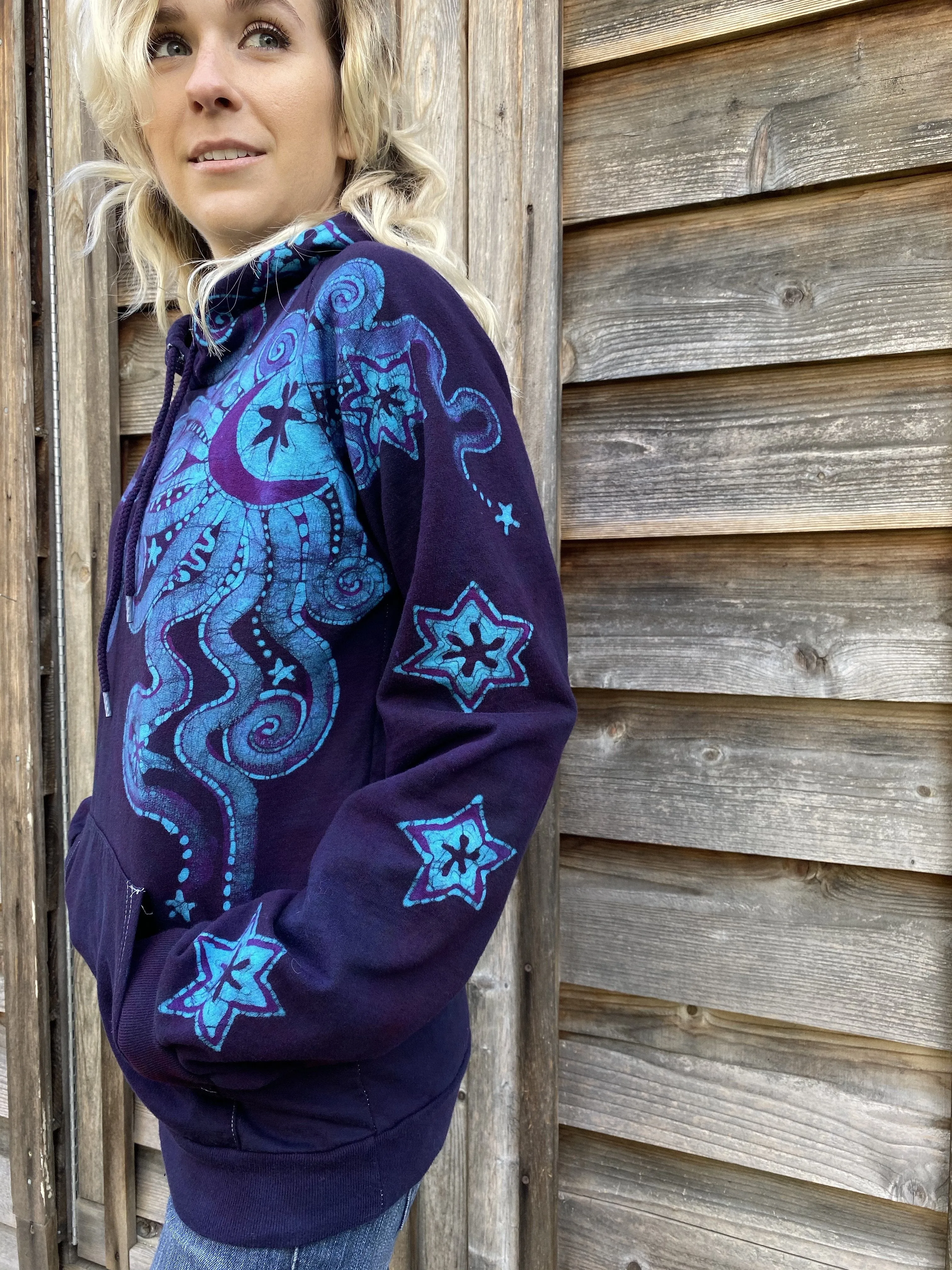 Deep Blue And Purple Moon Star Pullover Batik Hoodie - Handcrafted In Organic Cotton - Size MEDIUM ONLY