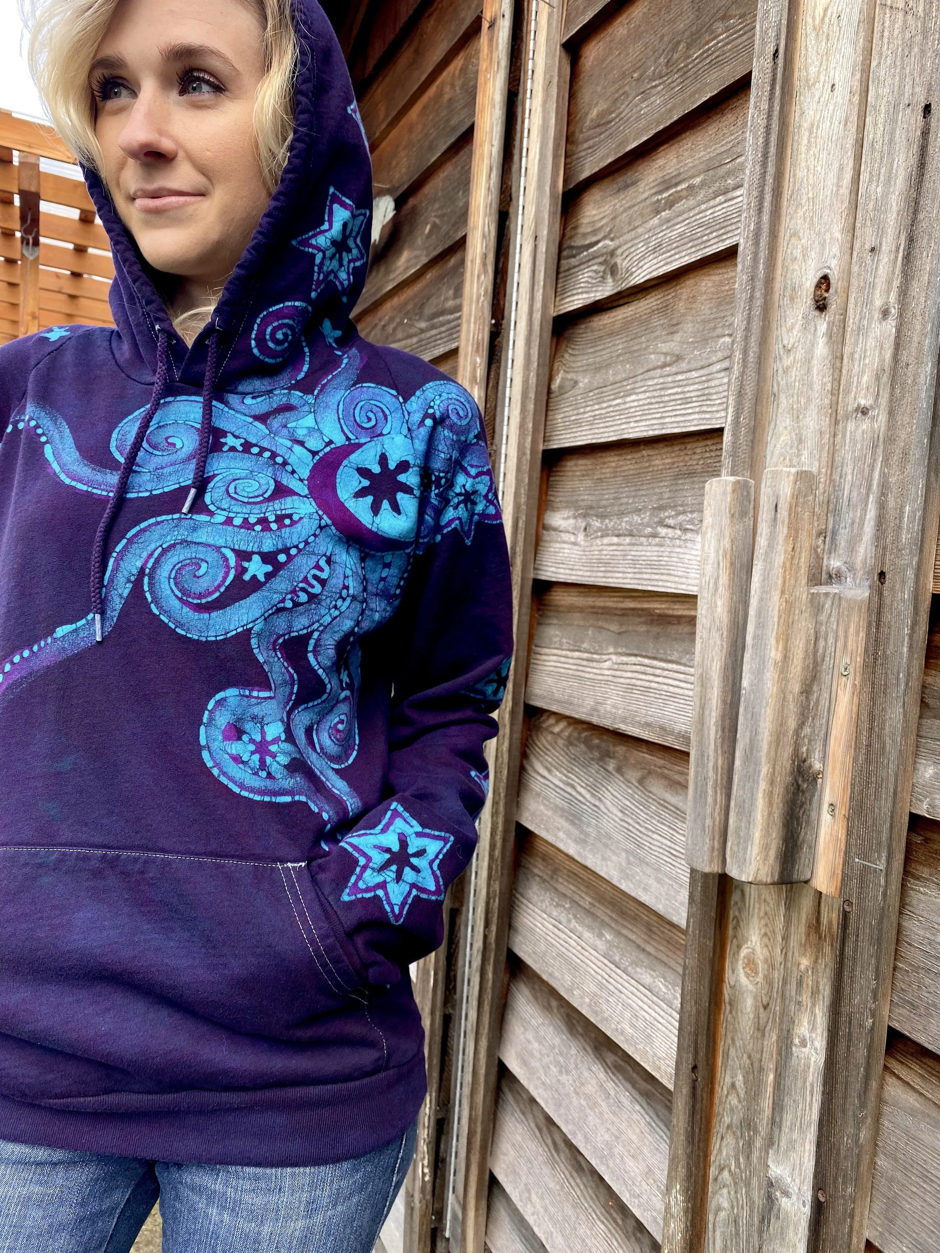 Deep Blue And Purple Moon Star Pullover Batik Hoodie - Handcrafted In Organic Cotton - Size MEDIUM ONLY