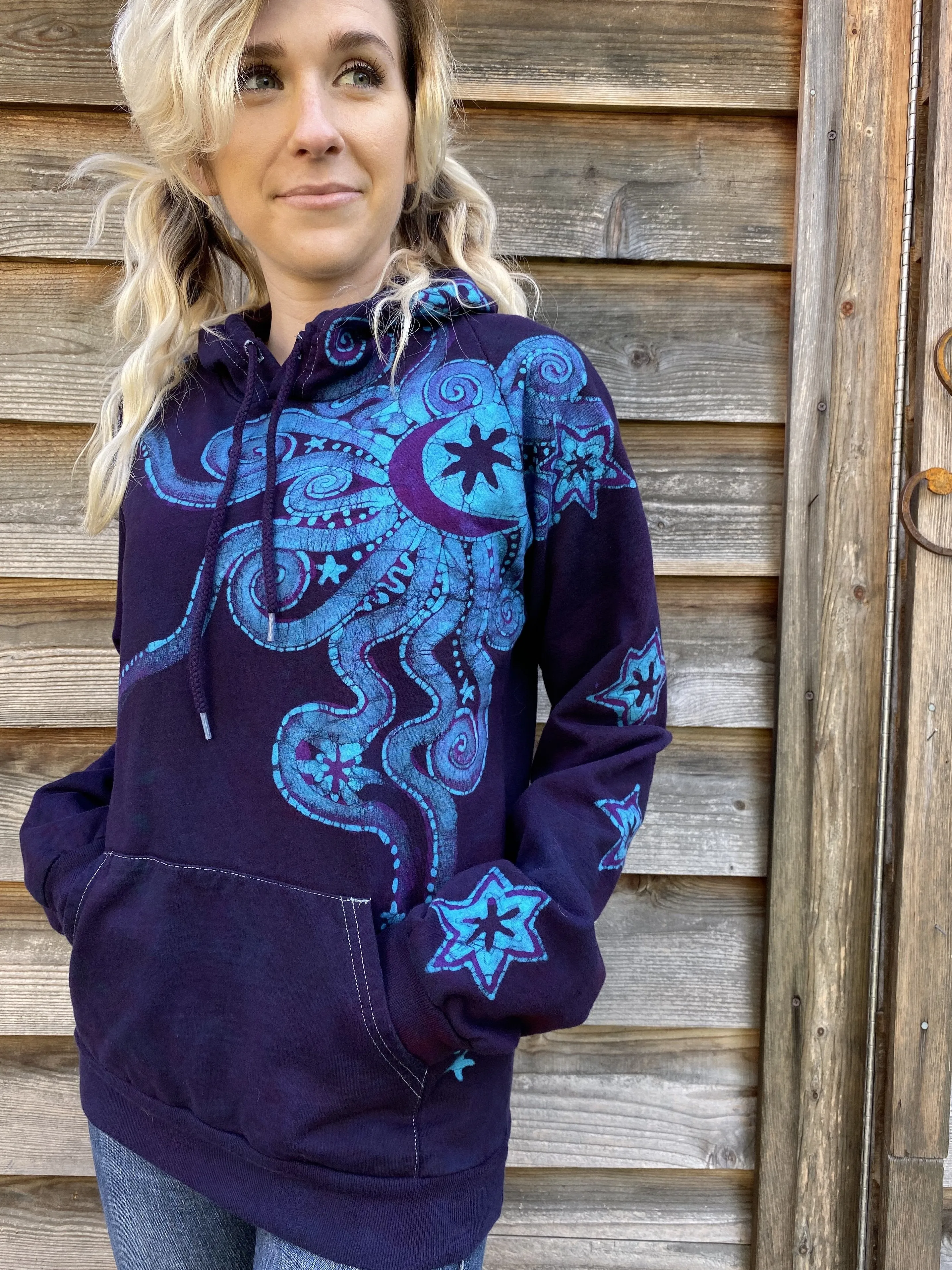 Deep Blue And Purple Moon Star Pullover Batik Hoodie - Handcrafted In Organic Cotton - Size MEDIUM ONLY