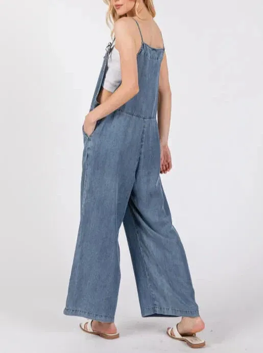 Denim Choices Wide Leg Spaghetti Strap Overalls