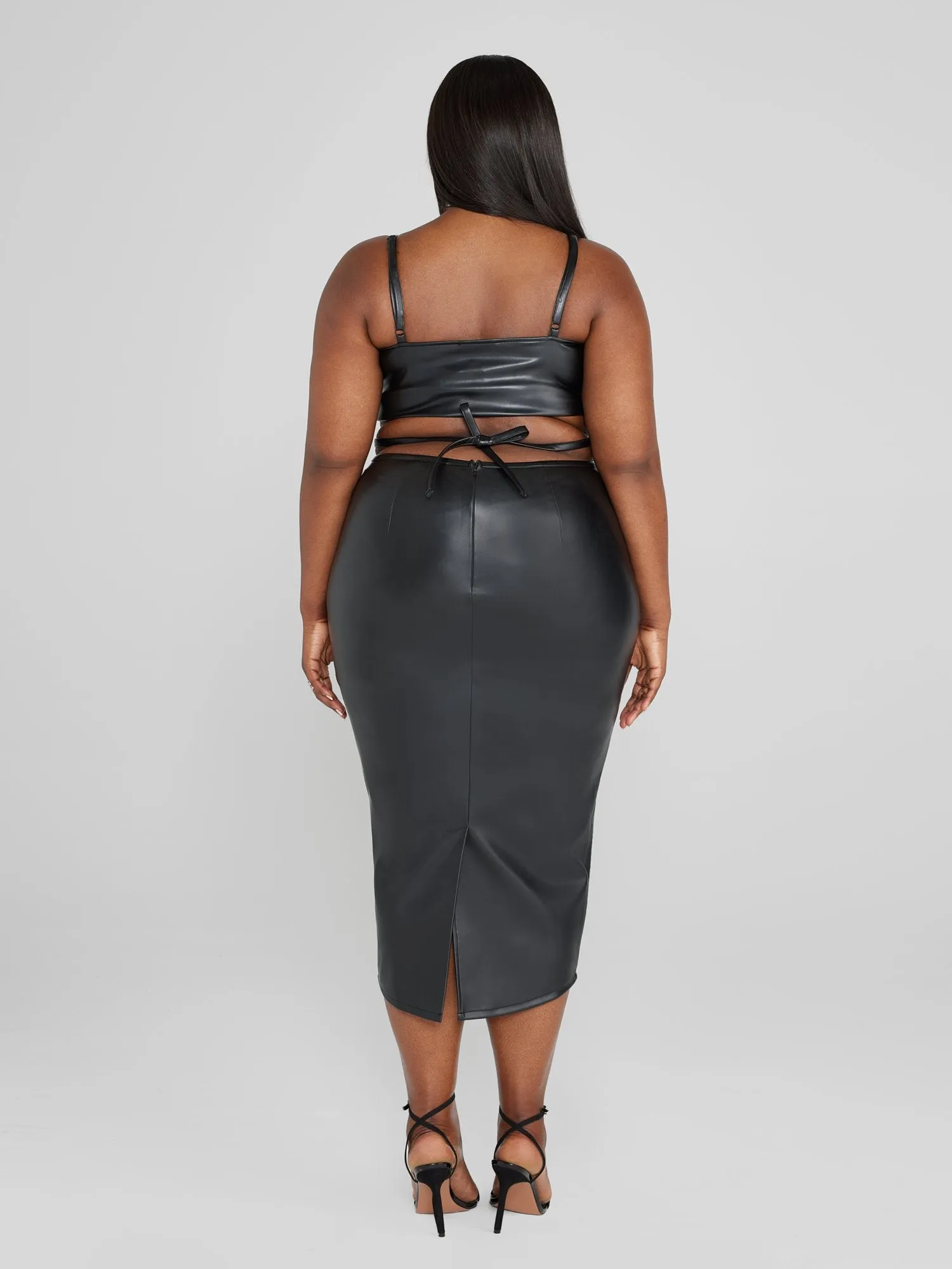 Denisse Faux Leather Waist Strap Midi Skirt