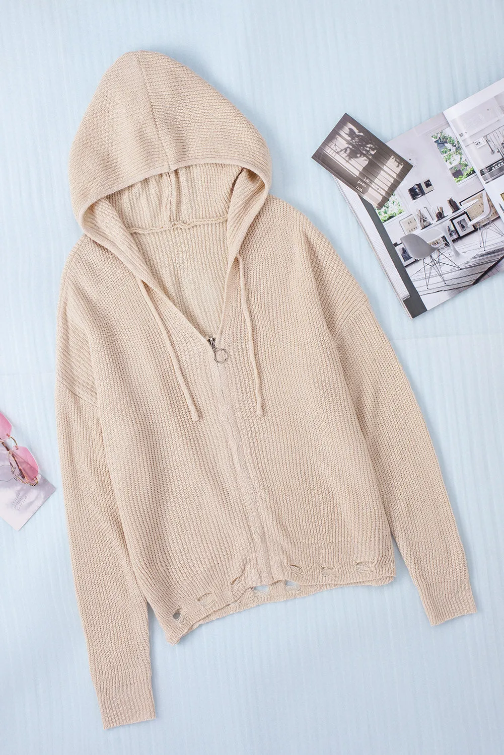 Distressed Zip Up Drawstring Hooded Cardigan | Casual Jacket