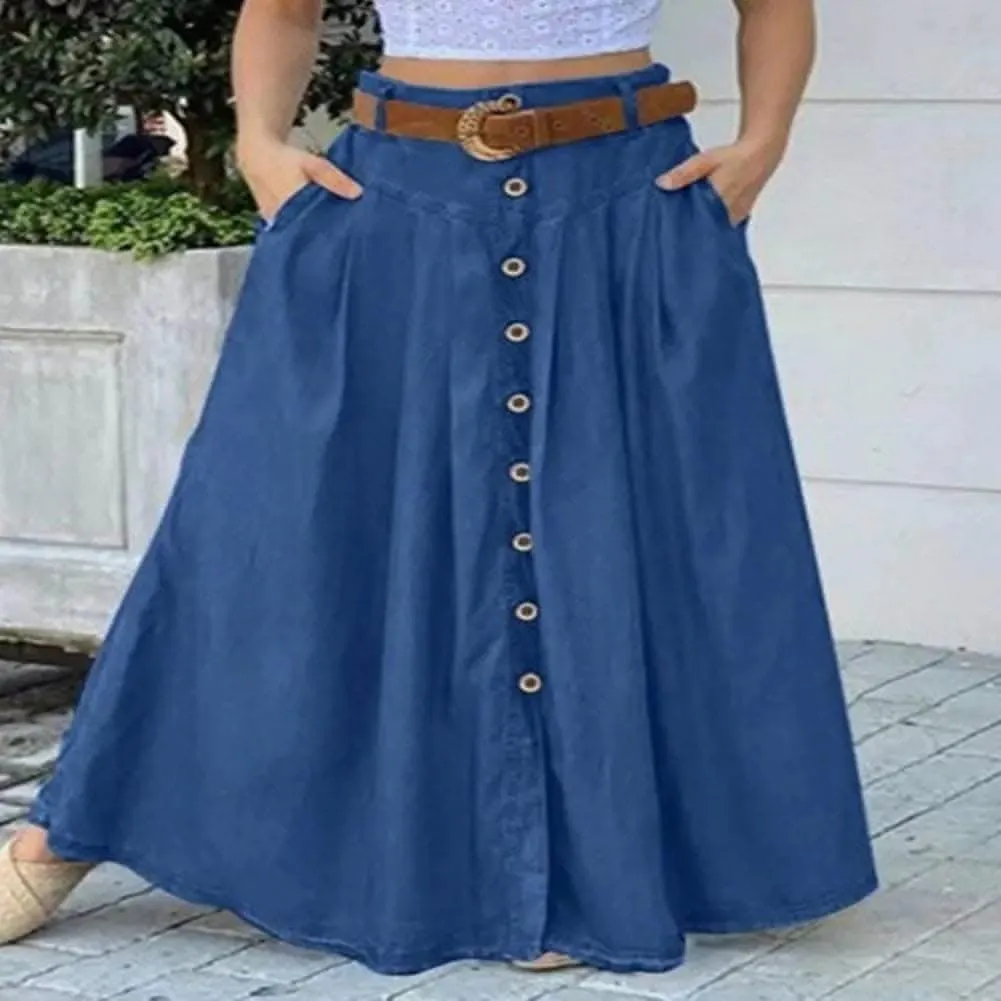 Elegant A-Line Maxi Skirt with High Waist and Button Detail