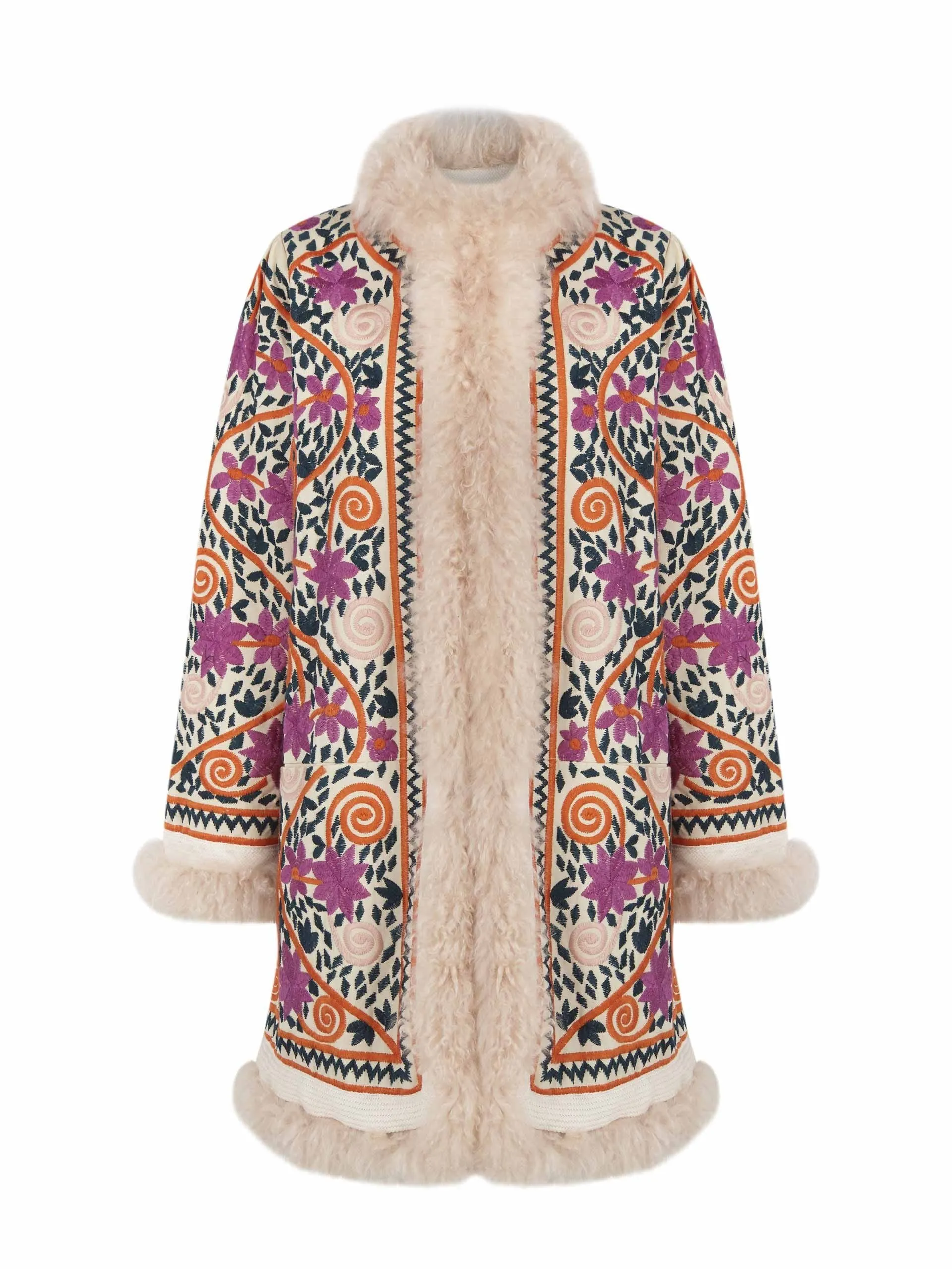 Embroidered coat with faux fur lining