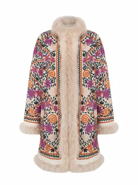 Embroidered coat with faux fur lining