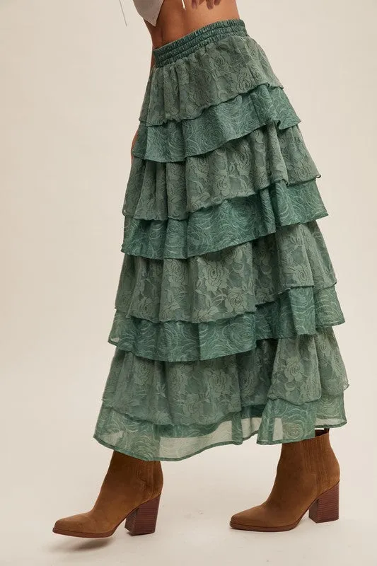 Eucalyptus Lace And Rose Jacquard Ruffle Tiered Maxi Skirt